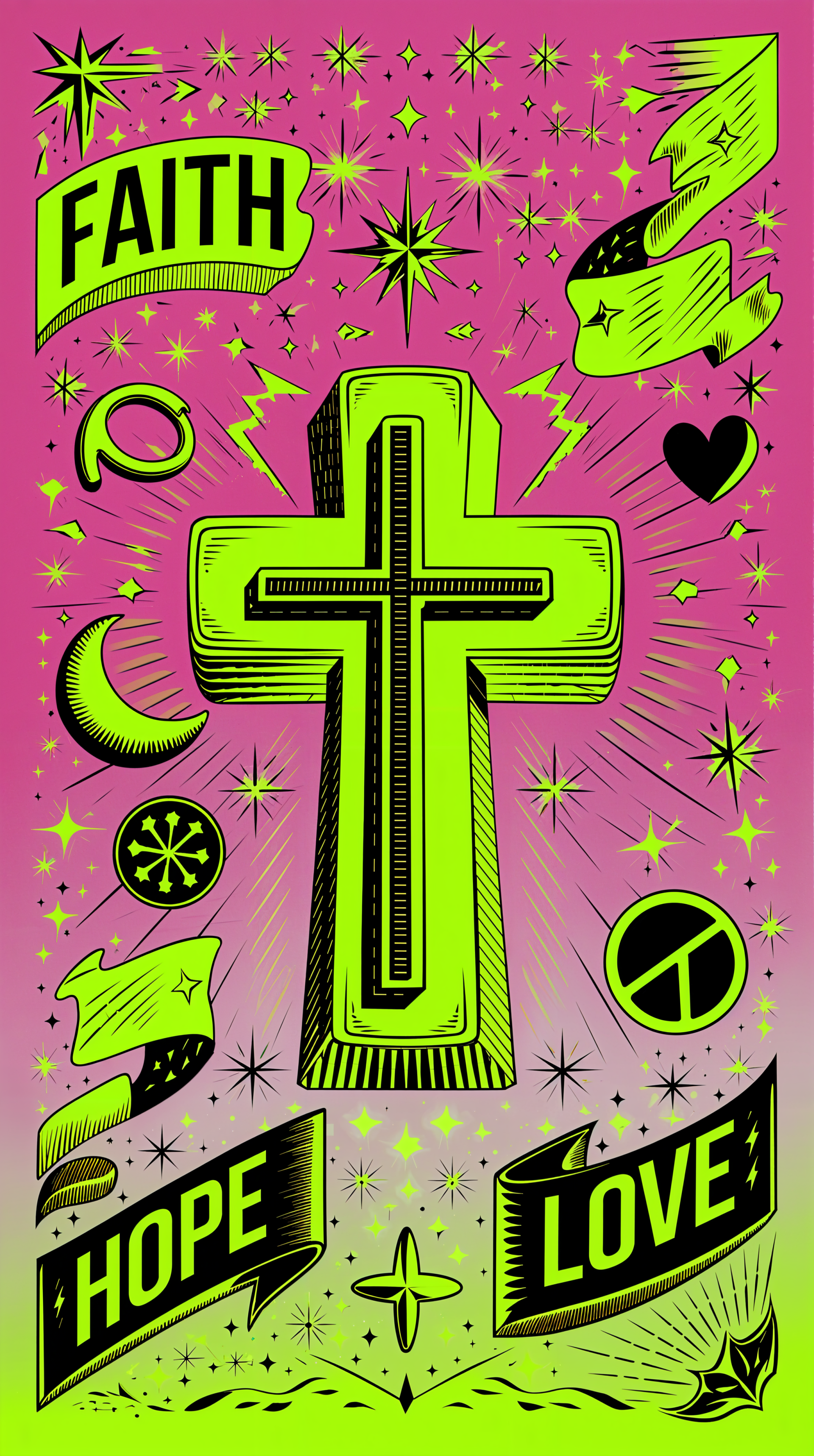 A vibrant phone wallpaper featuring a bold green cross, adorned with symbols of faith, hope, and love against a pink background, surrounded by stars and graphic elements.