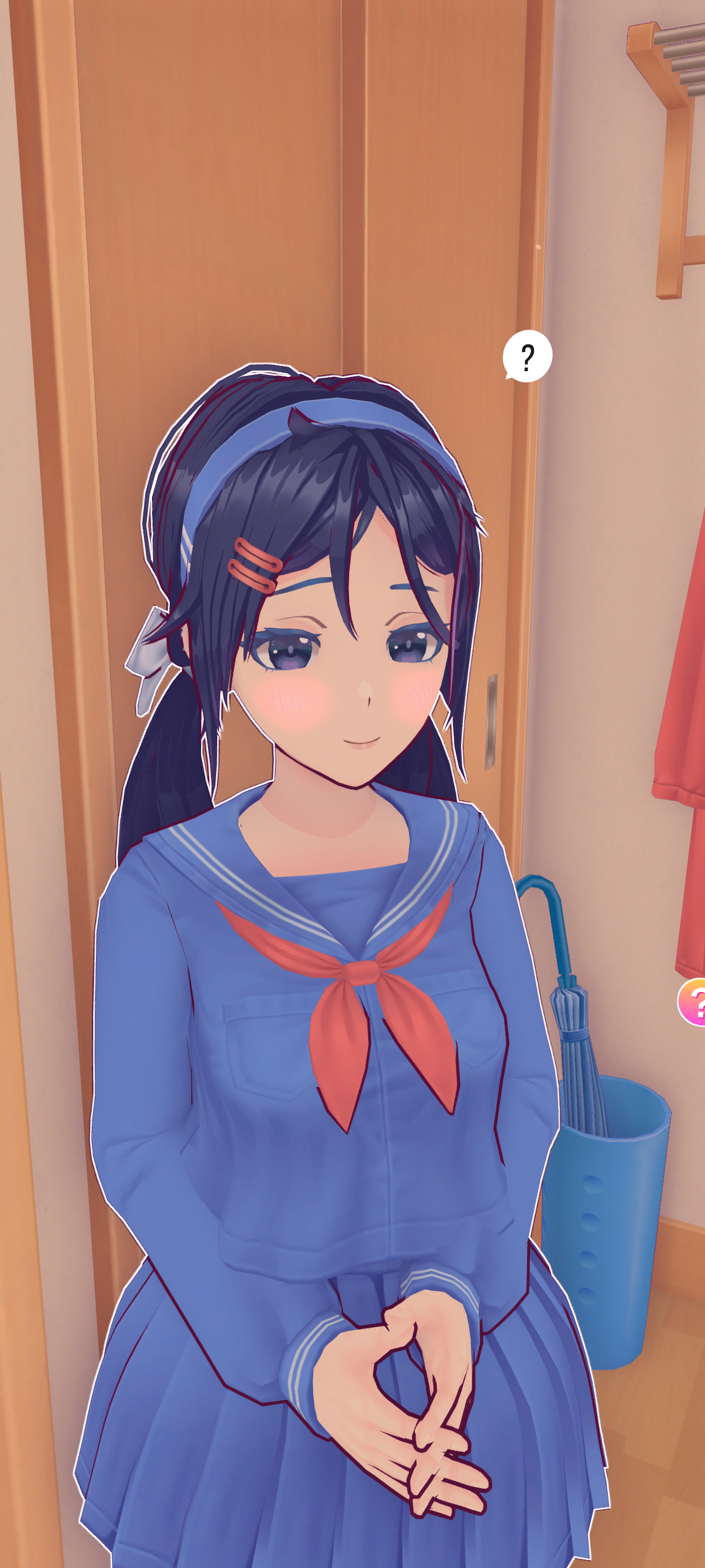 Phone wallpaper by MiSide featuring a 3D anime-style girl in a blue school uniform with a red scarf, standing indoors with a curious expression, compatible with iPhones and Android devices.