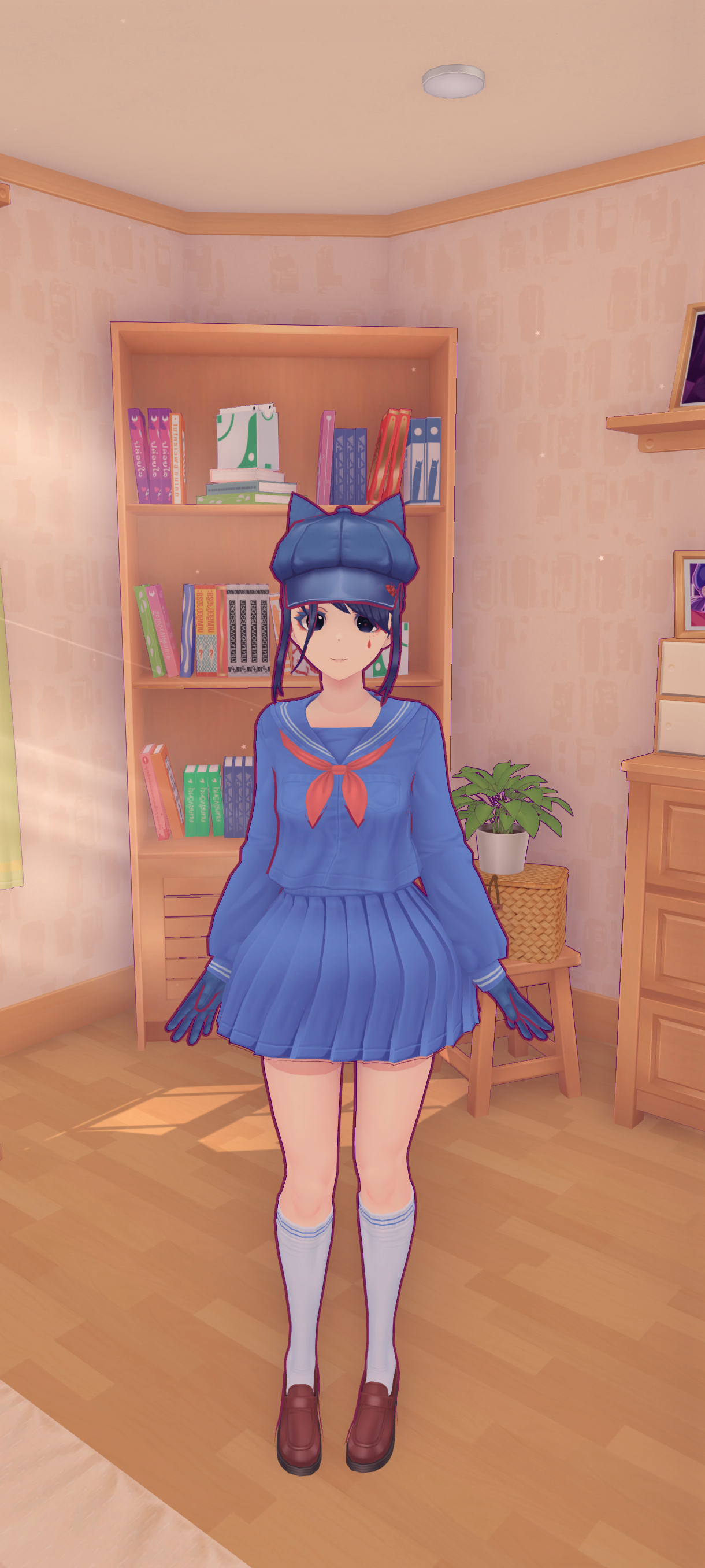 MiSide phone wallpaper: anime-style girl in blue sailor uniform with cat-ear hat stands in a sunlit bedroom by a bookshelf and plant; works on iPhone and Android phones.