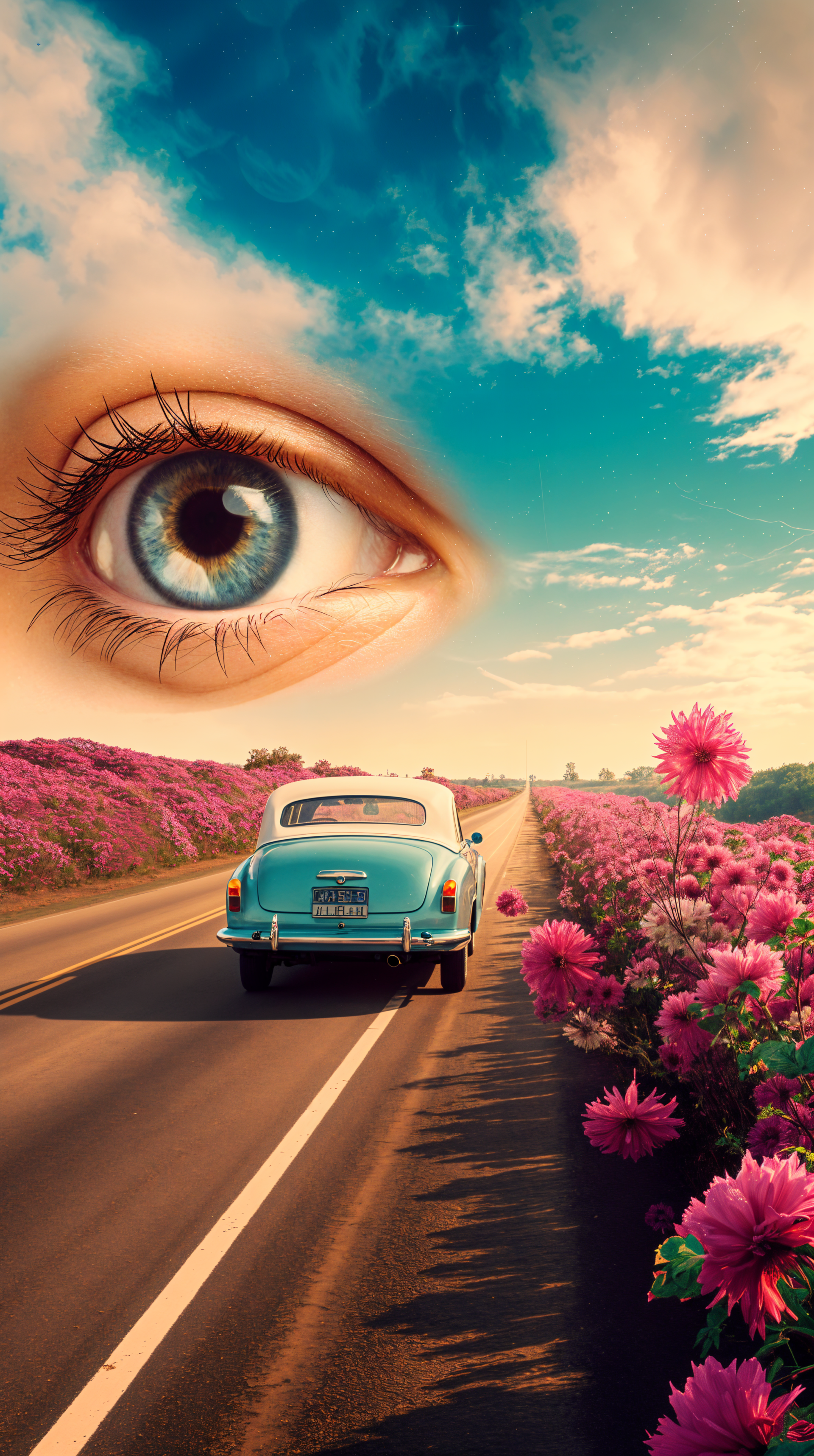 A surreal road trip scene featuring a classic car driving along a flower-lined road, with a large, mesmerizing eye in the sky above, blending nature and imagination.