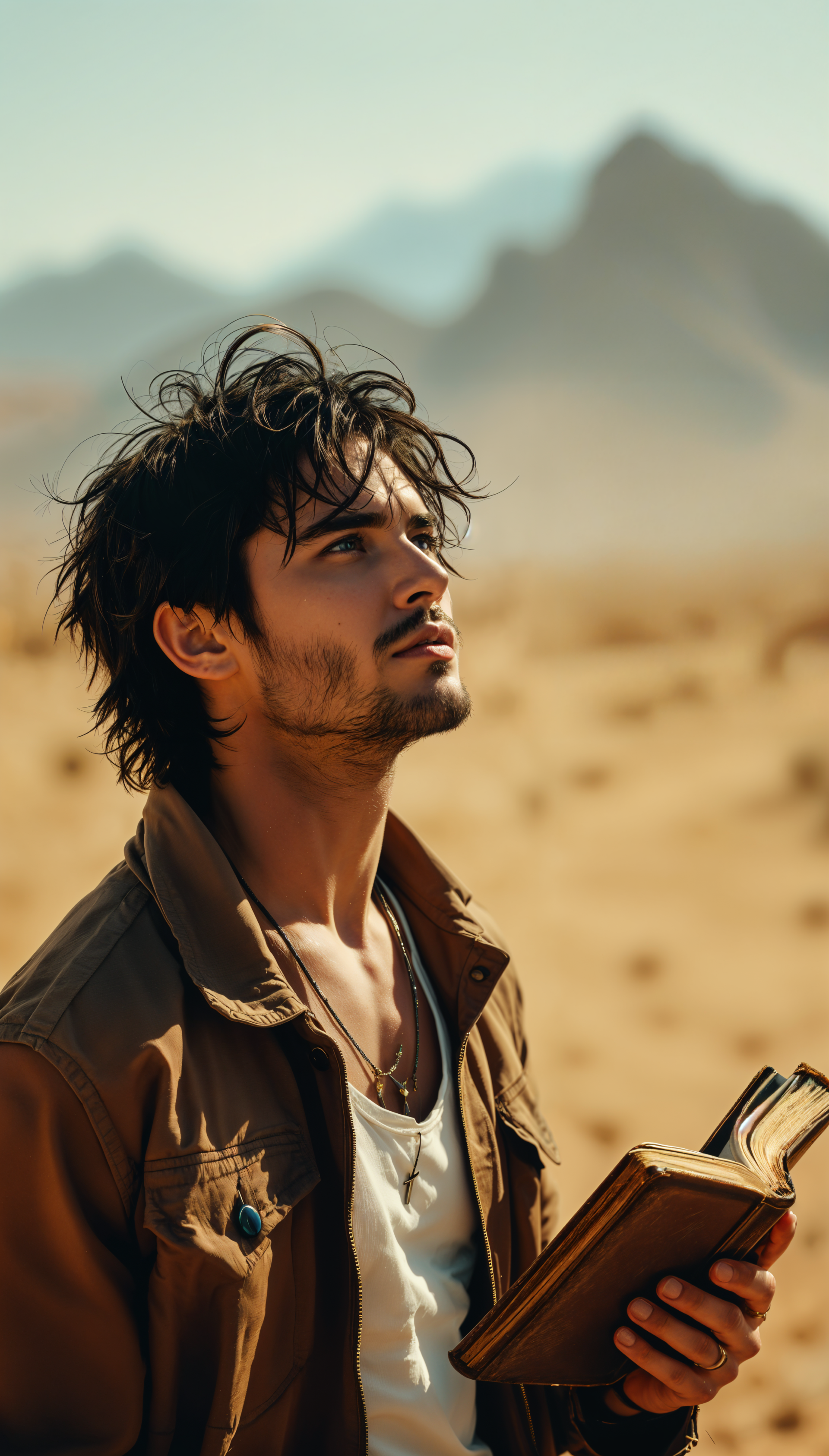A contemplative young man with tousled hair stands in a desert landscape, holding a book, exuding a serene, spiritual vibe. This image serves as an inspiring Christian-themed phone wallpaper.