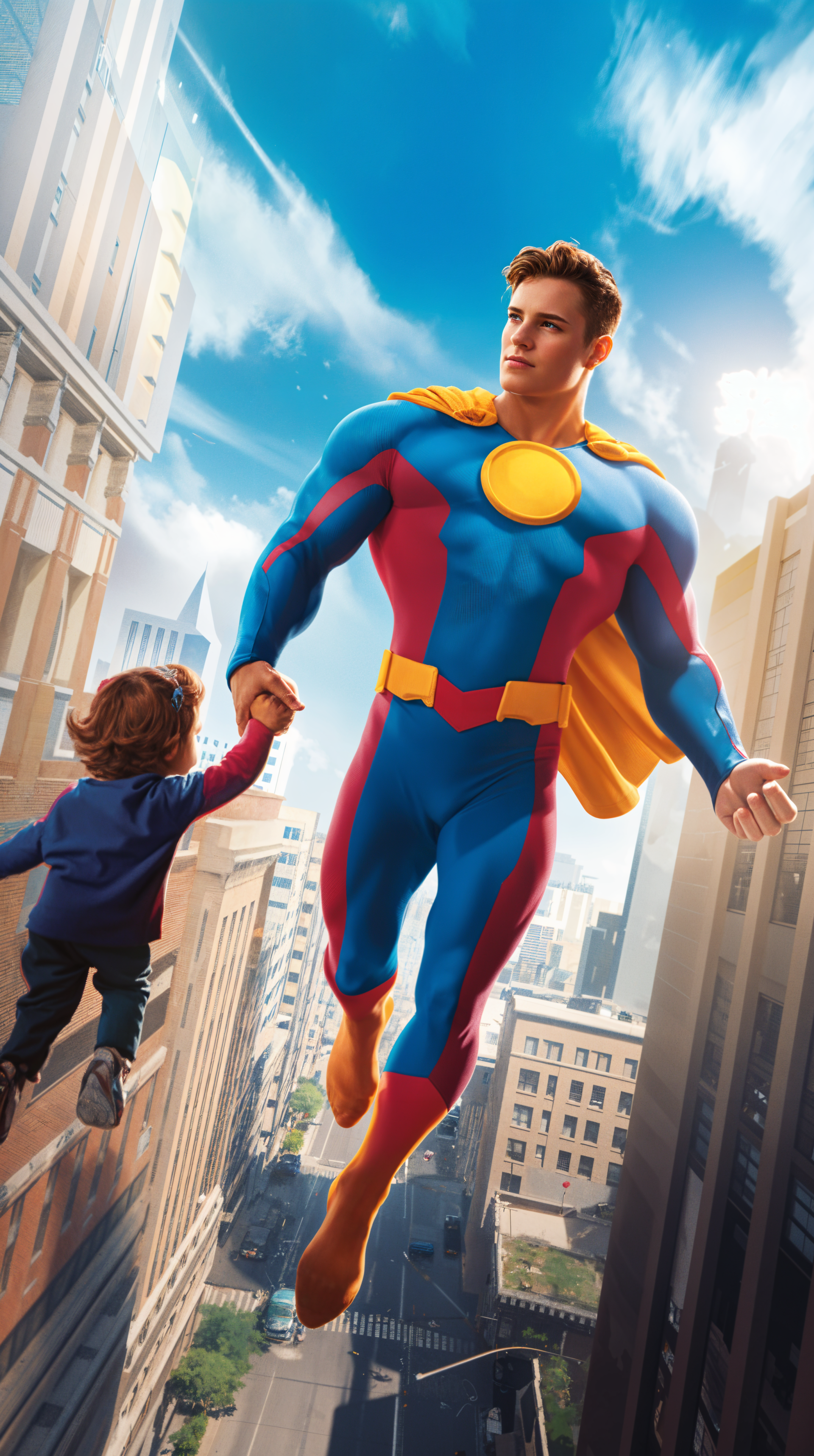 Phone wallpaper of a superhero flying high above a city, holding hands with a child, capturing a sense of adventure and protection against a bright blue sky backdrop.