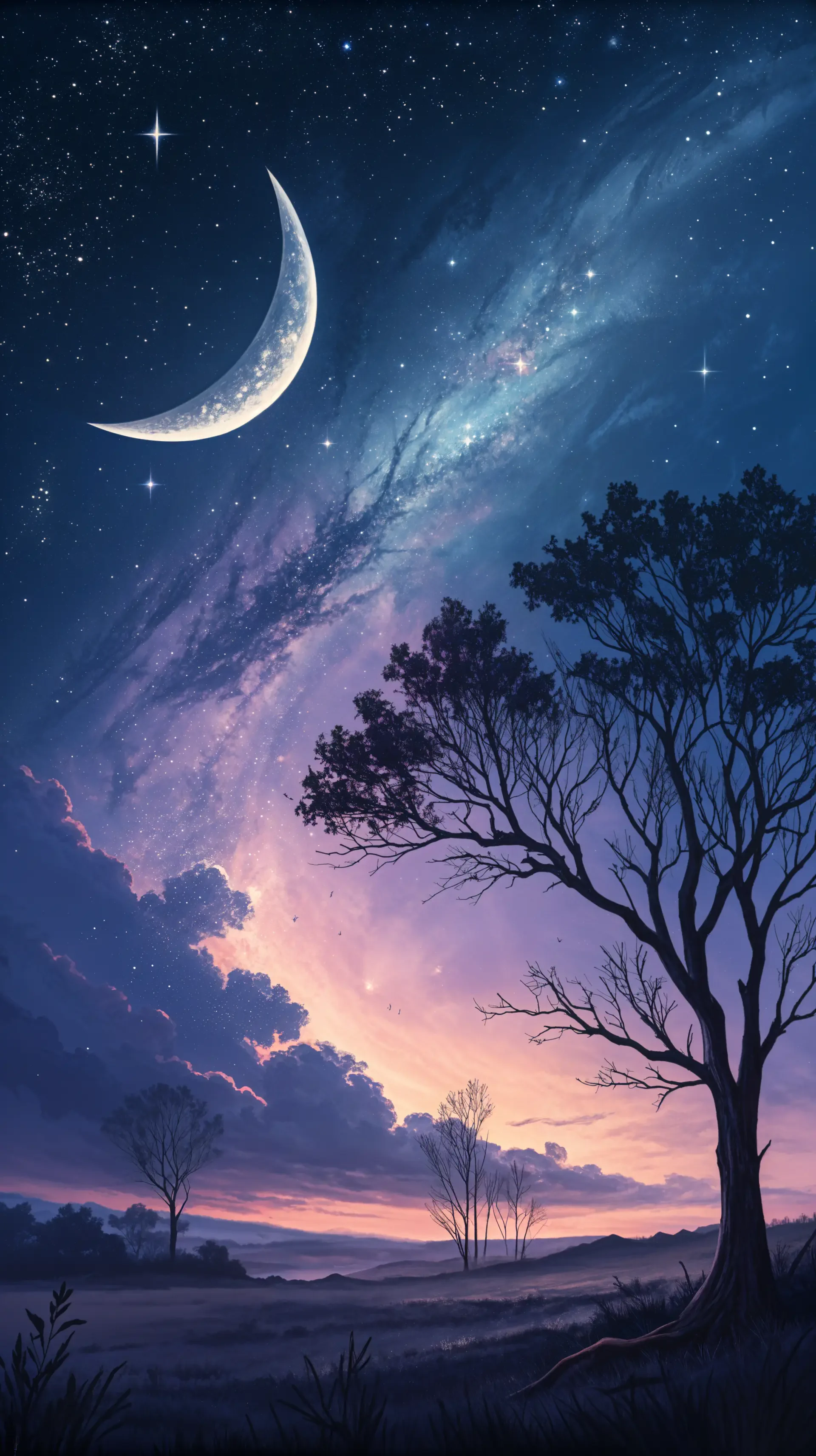 A serene landscape featuring a crescent new moon illuminated against a twilight sky, scattered stars, and silhouetted trees, creating a tranquil phone wallpaper.