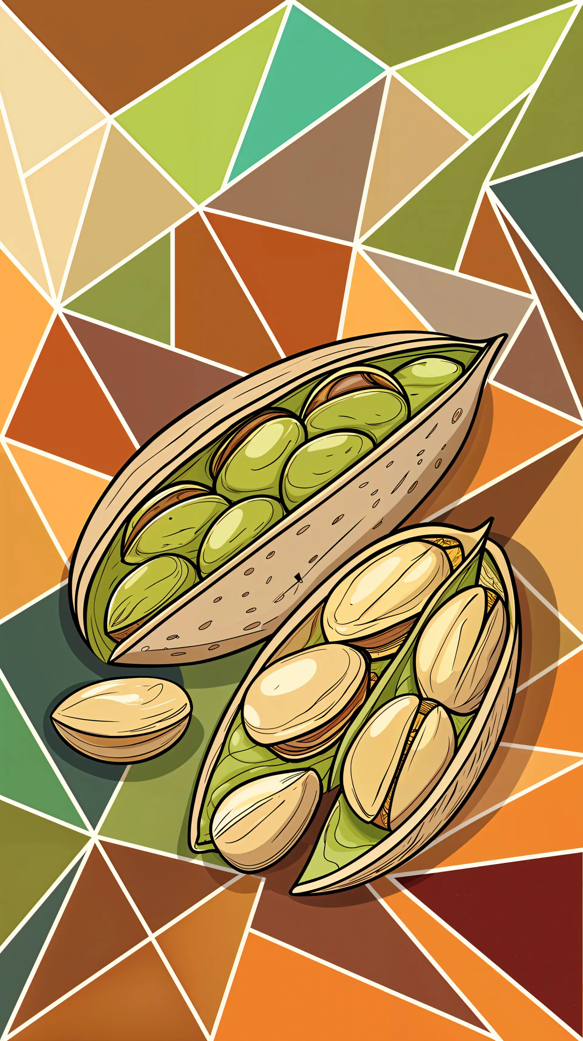A vibrant phone wallpaper featuring split open pistachio pods, showcasing green and beige nuts against a colorful, geometric background in shades of green, orange, and brown.