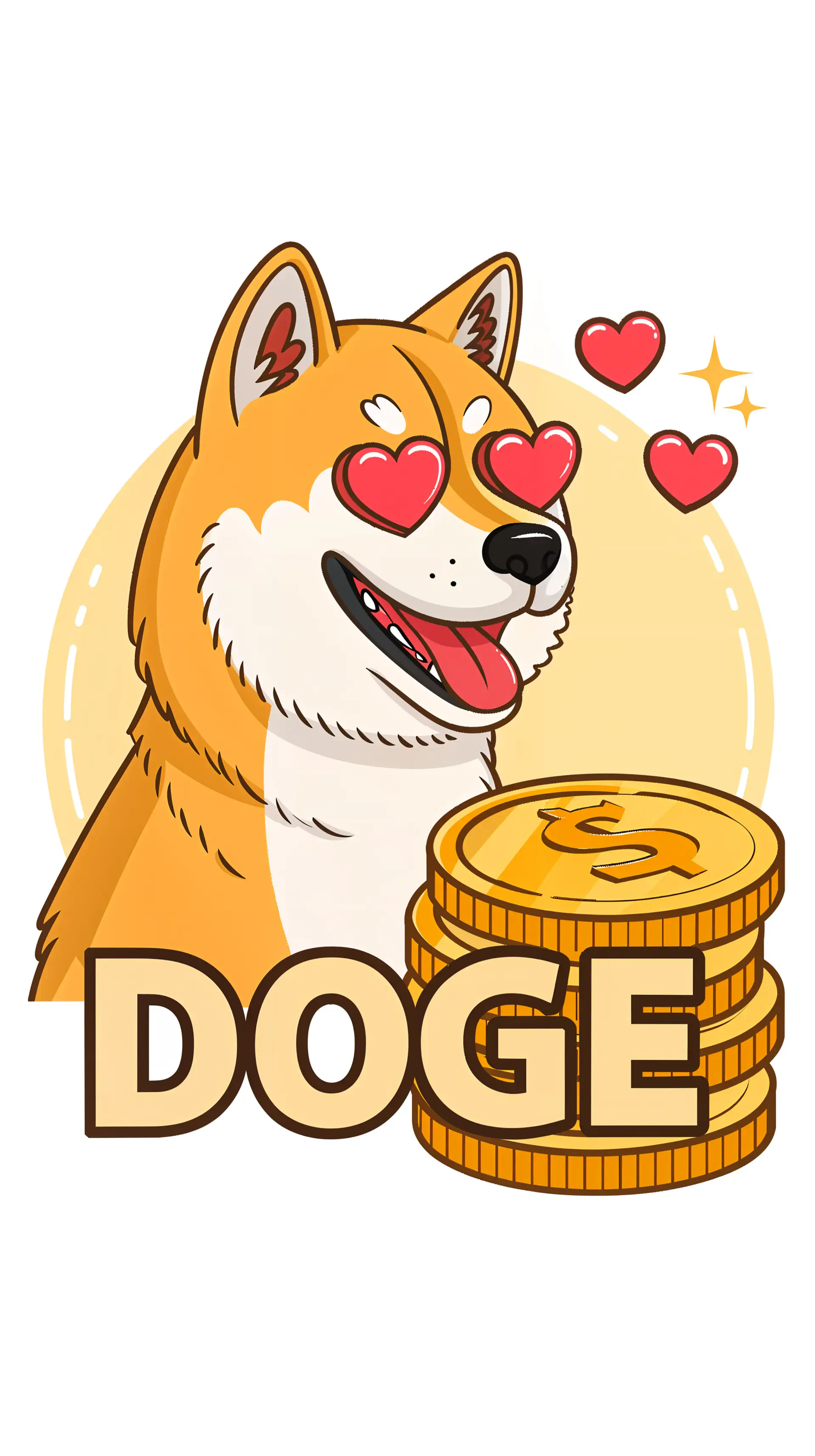 A vibrant phone wallpaper featuring a joyful Shiba Inu with heart eyes and gold Dogecoin coins, celebrating the playful spirit of cryptocurrency.