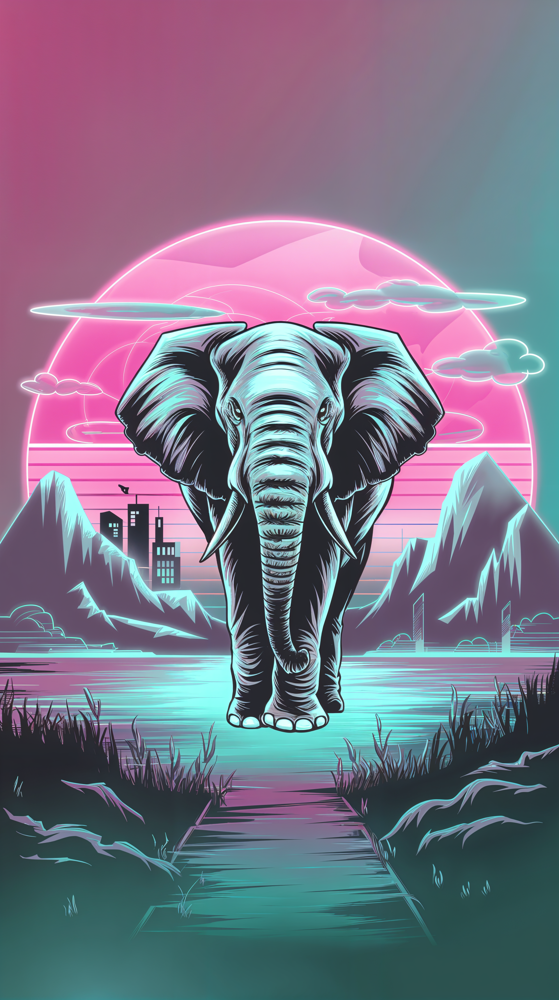A vibrant phone wallpaper featuring a detailed elephant set against a colorful, stylized sunset with mountains and a city skyline in the background.