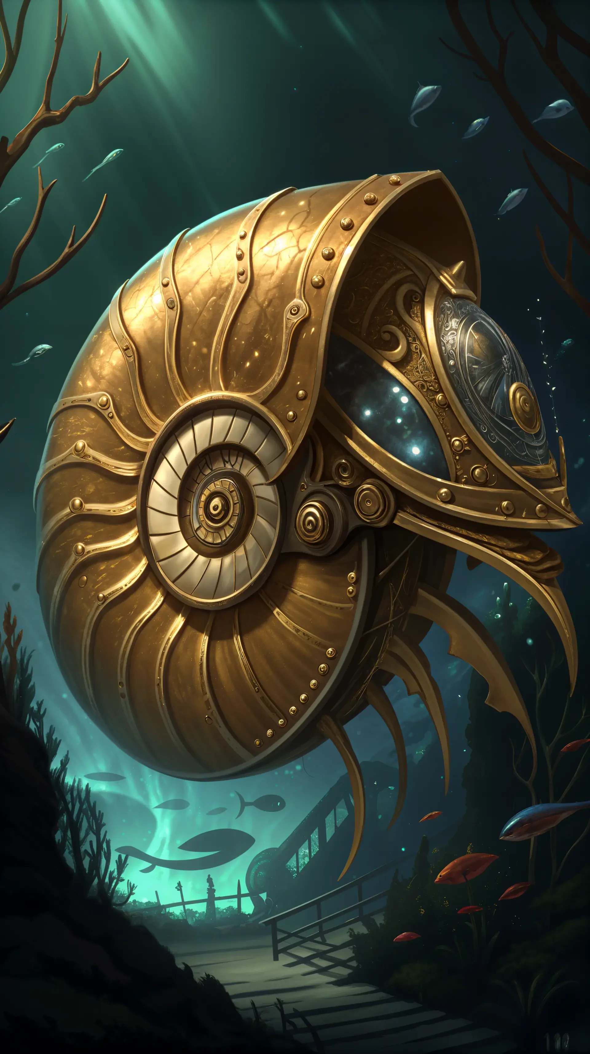 A mesmerizing digital phone wallpaper featuring a golden nautilus design surrounded by serene underwater scenery and vibrant fish, evoking a sense of exploration and mystery.