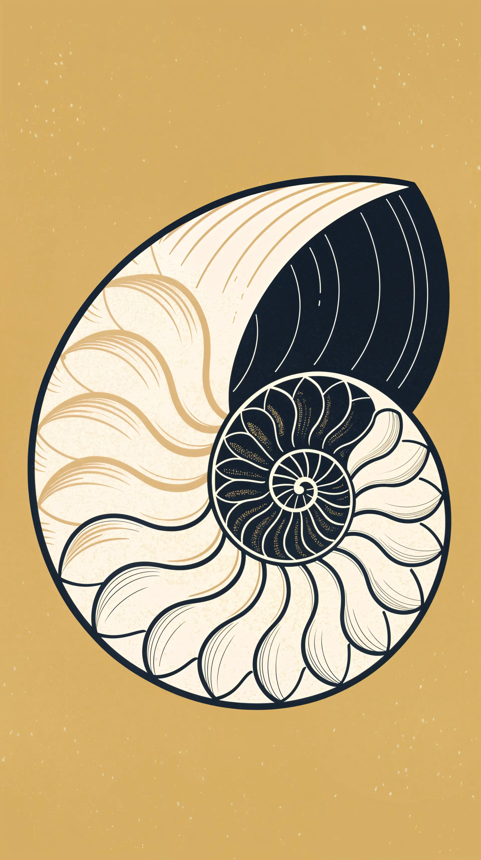 A stylized illustration of a shell on a warm golden background, featuring intricate linework that emphasizes its spiral shape, designed as a phone wallpaper.