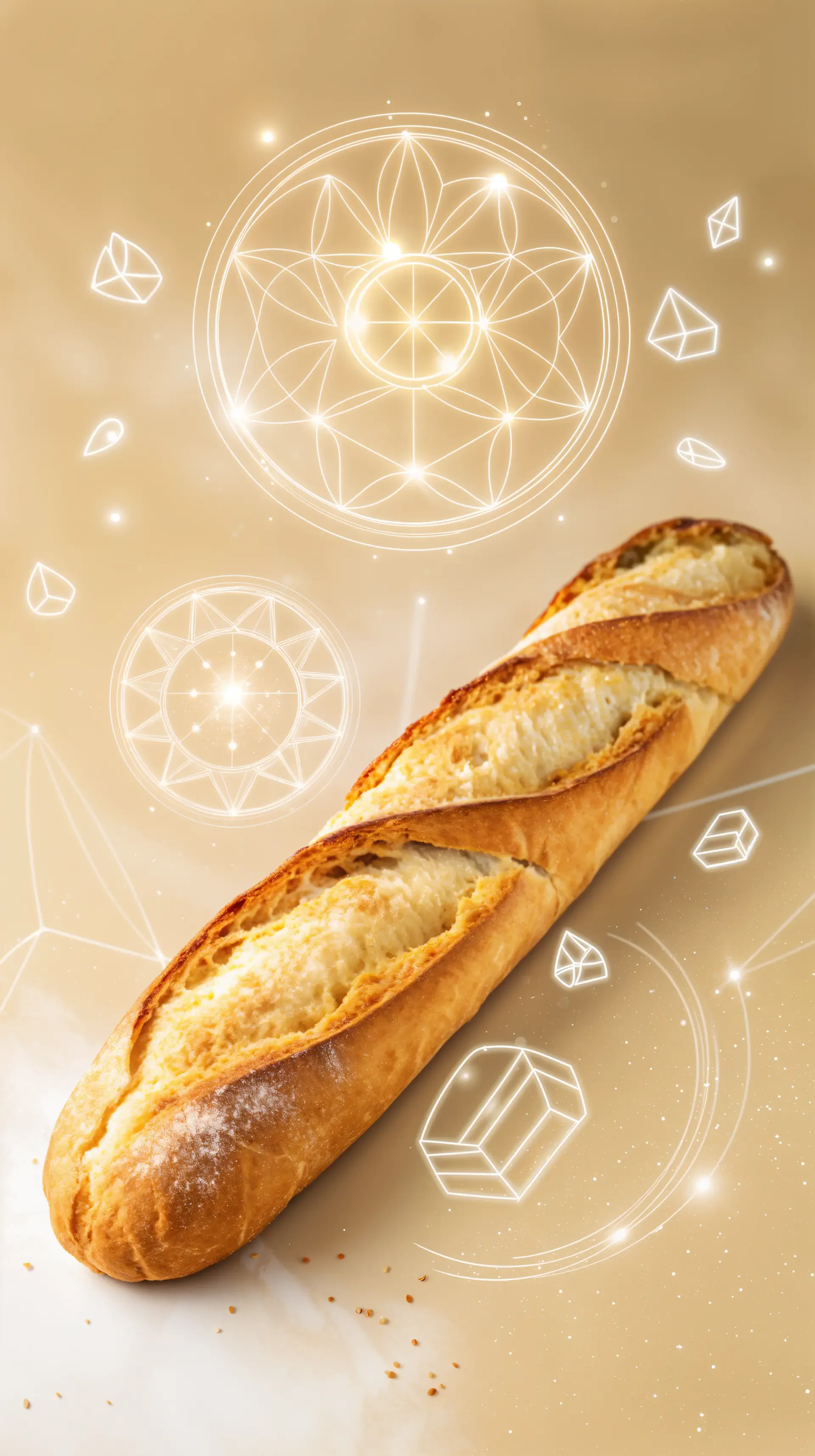 A beautifully baked baguette rests against a soft, glowing background adorned with geometric patterns, making it an appealing phone wallpaper.