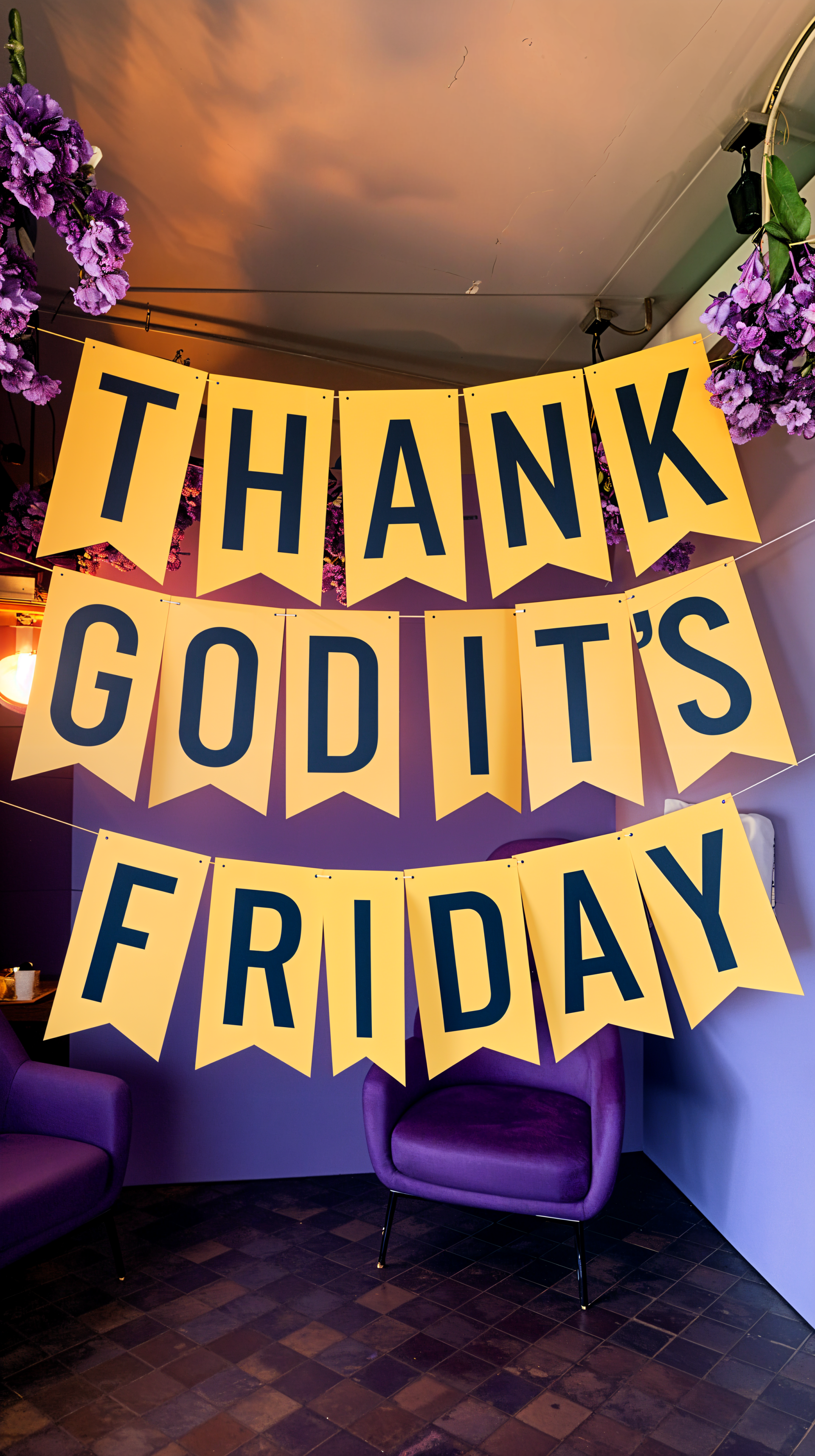 A vibrant phone wallpaper featuring large, bold yellow banners with the words THANK GOD IT'S FRIDAY, set against a purple background adorned with hanging flowers.