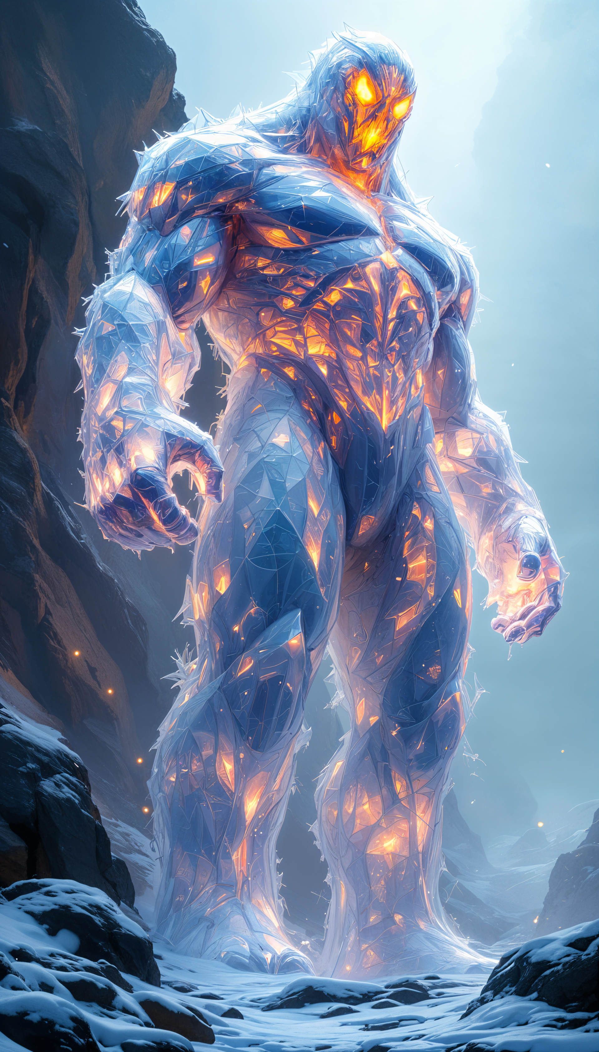 A giant, crystalline figure glows with luminous colors, standing majestically in a snowy landscape, creating a striking and captivating phone wallpaper.