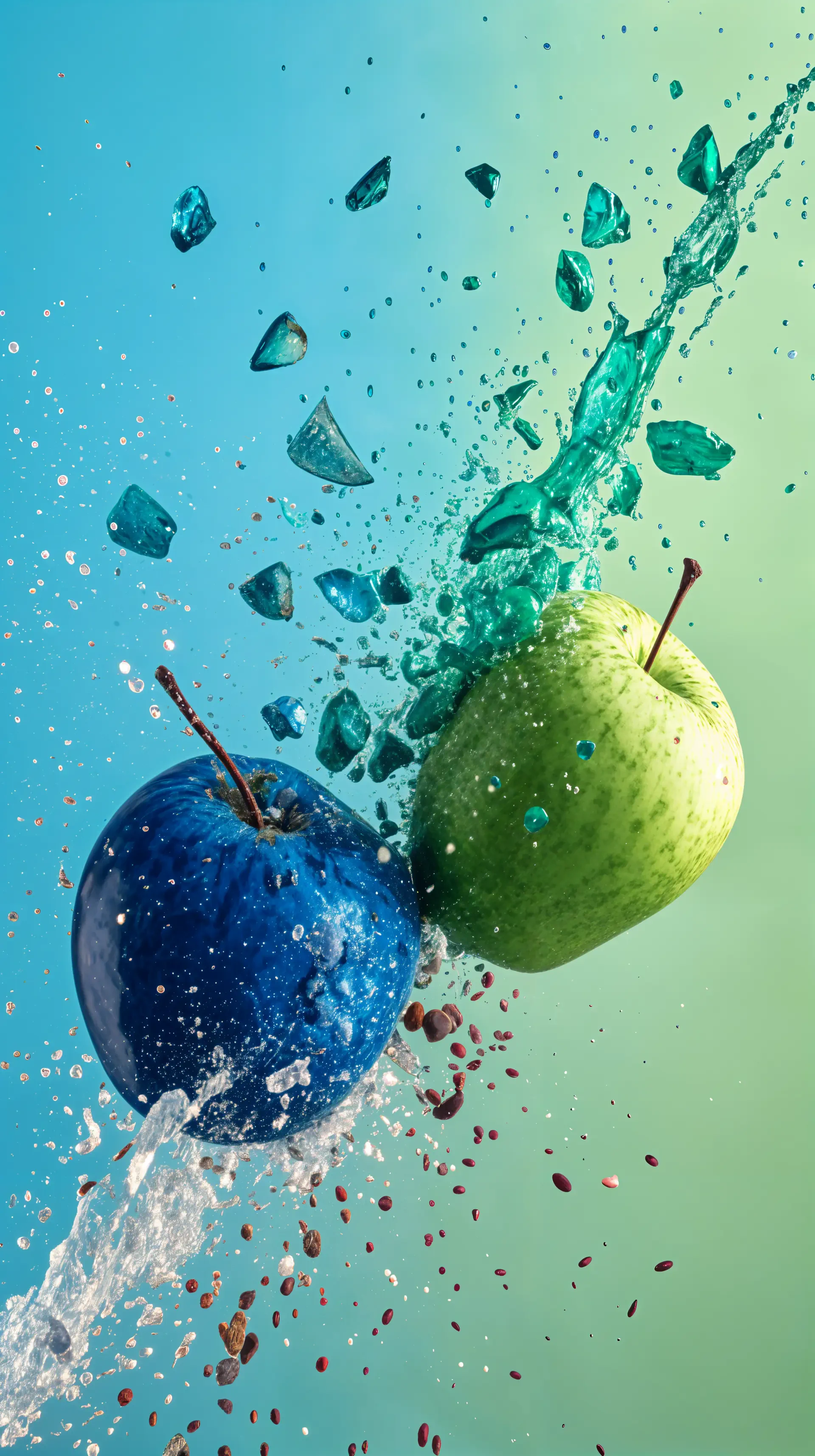 A dynamic phone wallpaper depicting a vivid collision of a blue and green apple, surrounded by splashes of water and shards of glass, creating an energetic and striking visual effect.