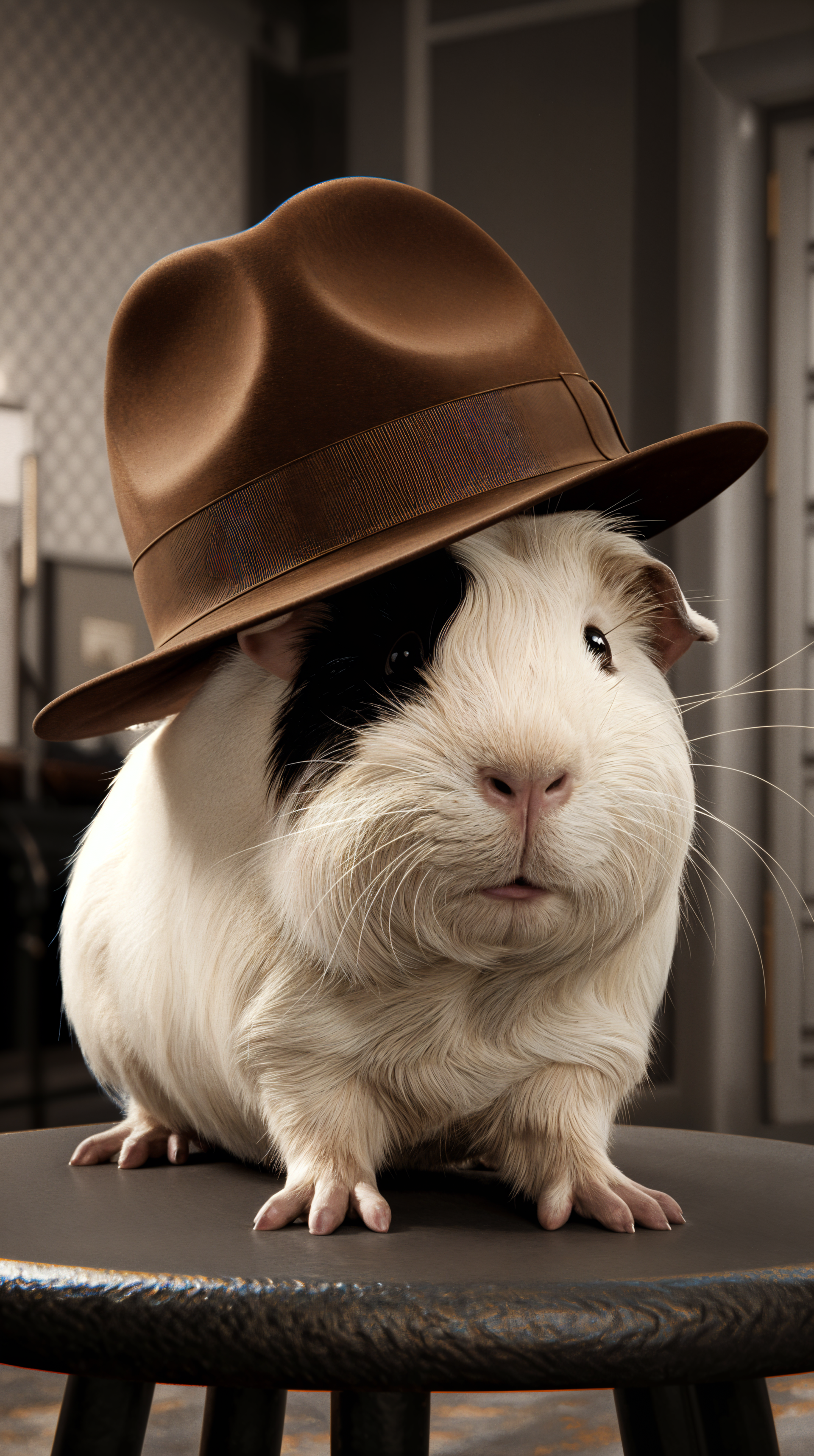 A charming guinea pig wearing a brown hat sits on a stool, creating a playful and unique phone wallpaper.