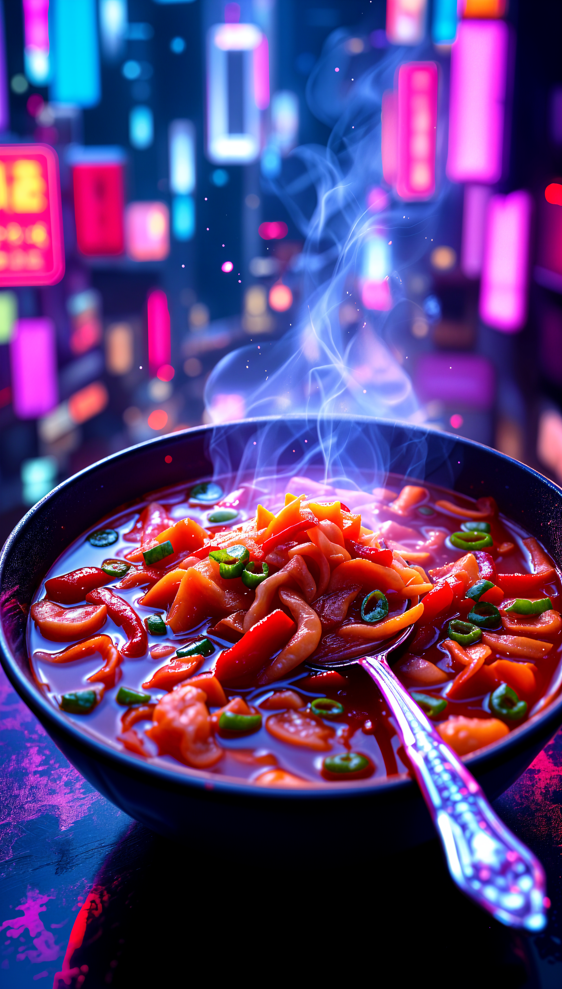 Steaming bowl of vibrant kimchi noodle soup with chili and scallions, set against a colorful neon cityscape background, designed as a striking phone wallpaper for iPhones and Android devices.