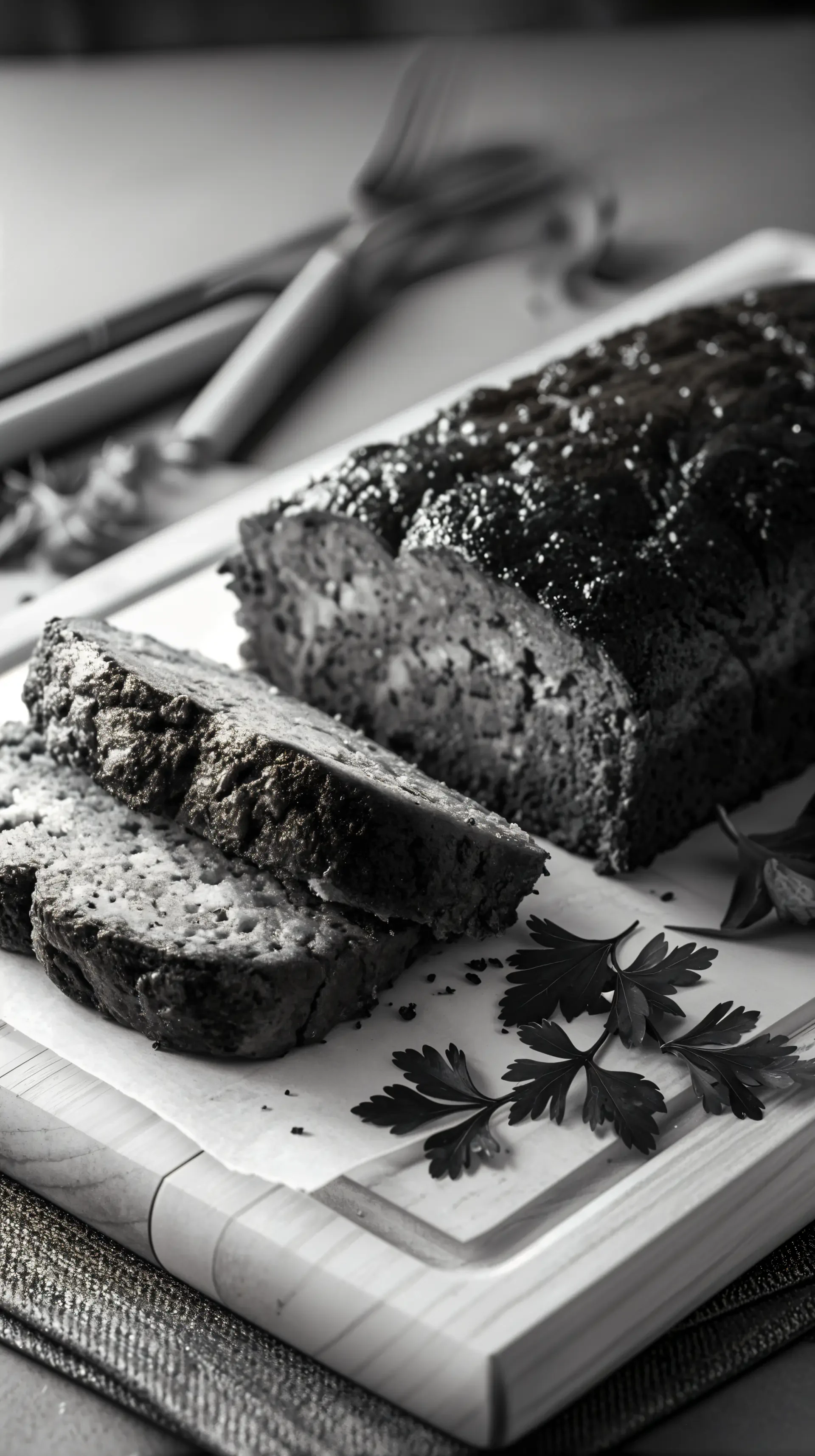 Black and white phone wallpaper of sliced meatloaf on a wooden cutting board with parsley garnish, shown in a close-up vertical view for iPhone and Android devices.