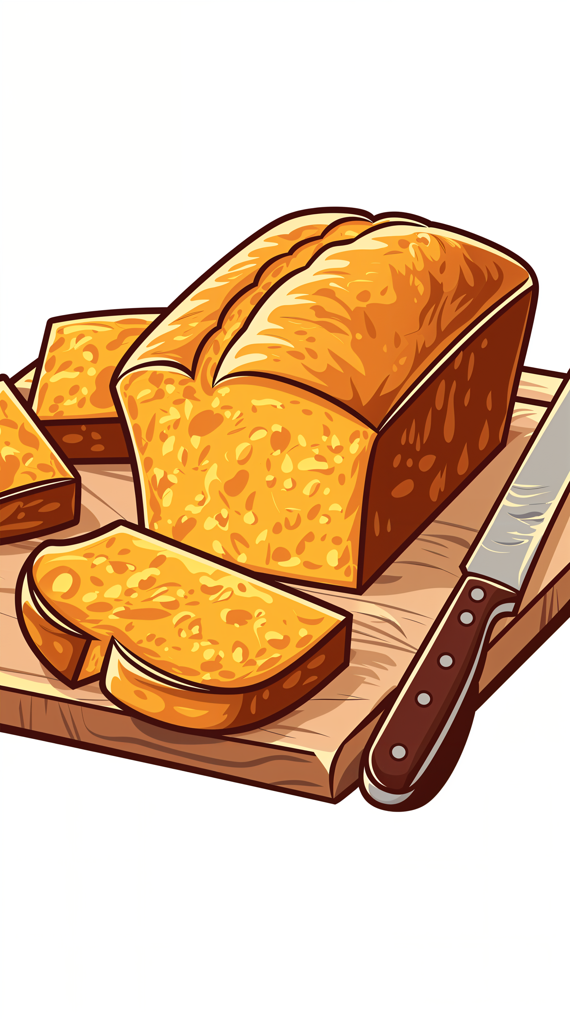 A vibrant illustration of freshly baked cornbread on a wooden cutting board, with slices and a knife, designed as a phone wallpaper.