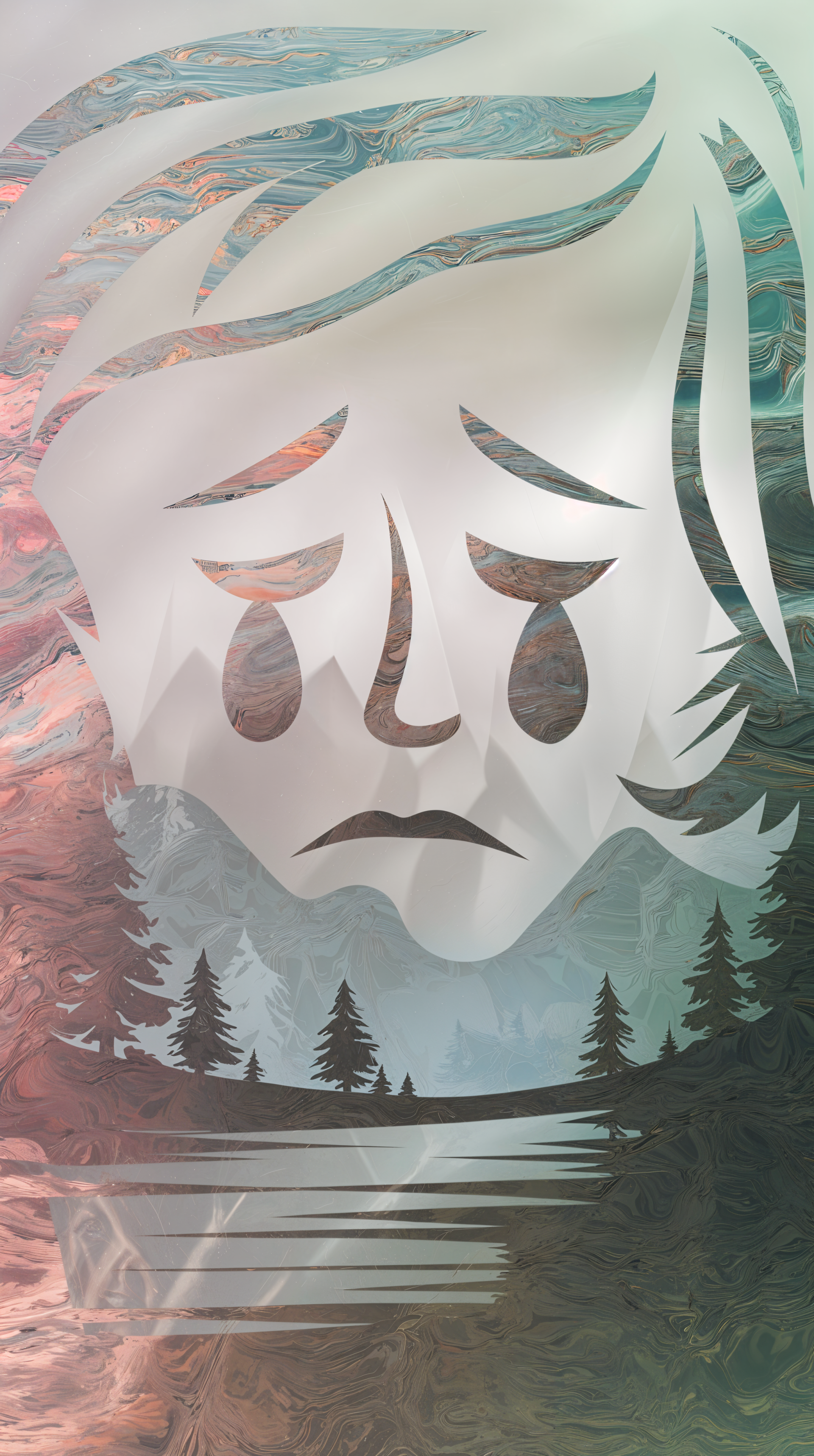 A digital wallpaper depicting a sad face with tears, set against a backdrop of trees and water, conveying a strong sense of melancholy and introspection.