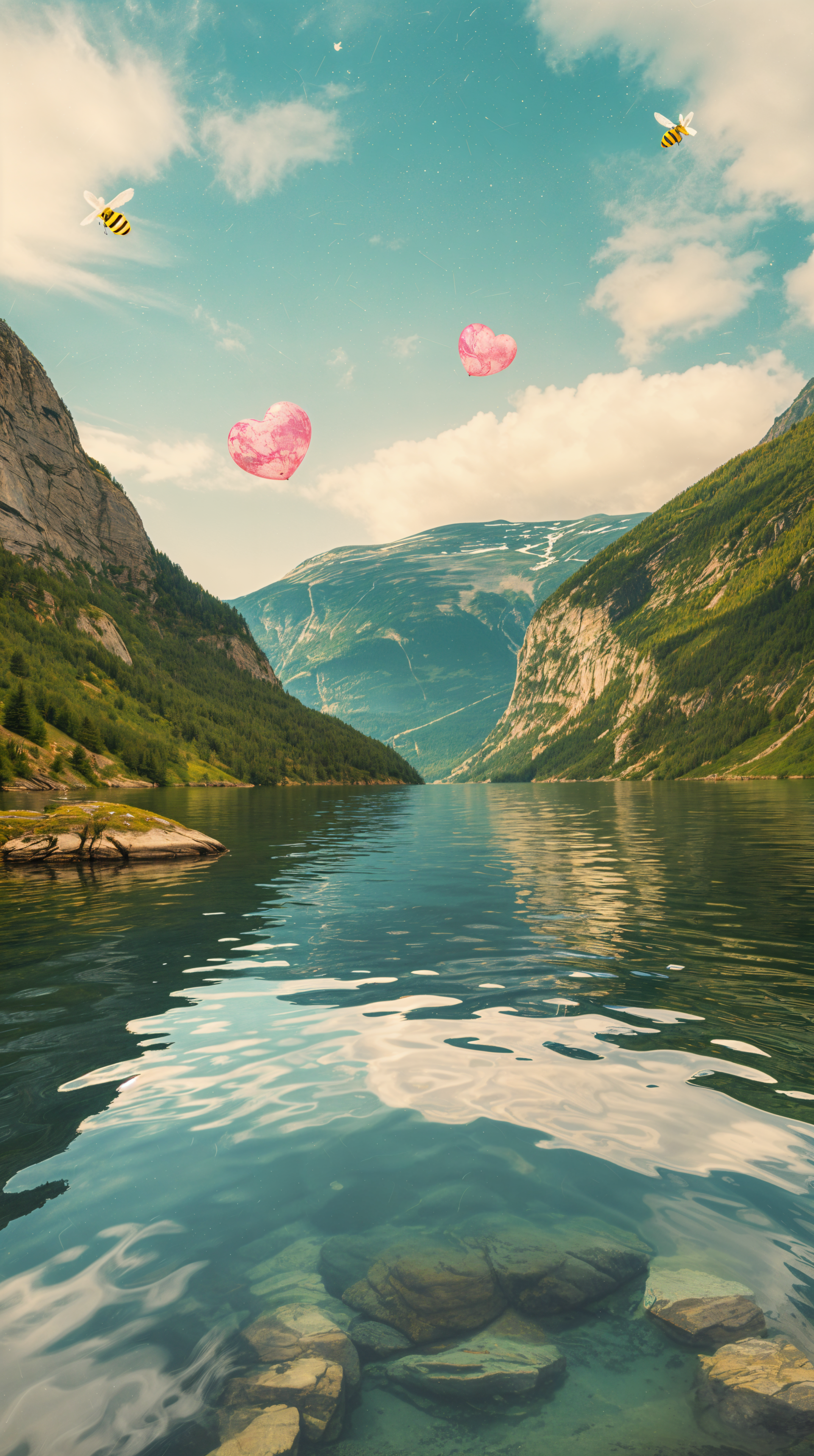 A serene fjord scene featuring calm waters reflecting lush green mountains and a vibrant sky, with playful bees and floating hearts, designed as a captivating phone wallpaper.