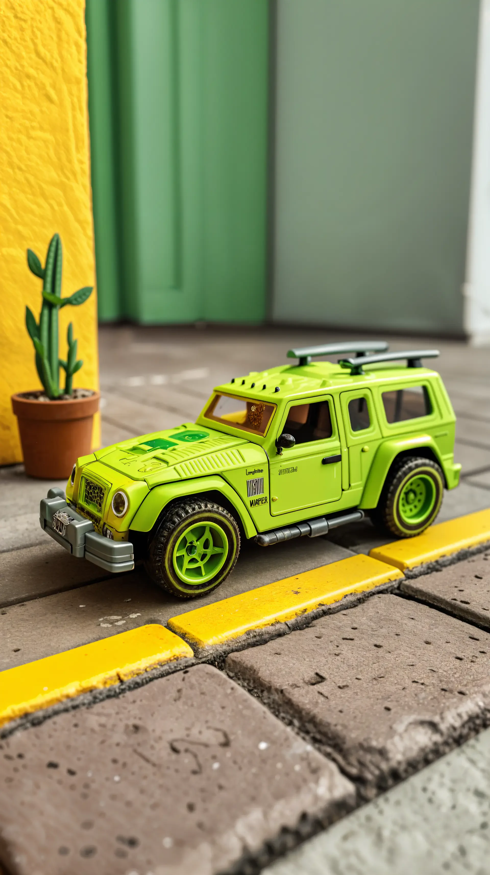 A vibrant green toy SUV parked beside a yellow line in a charming indoor scene, complemented by a potted cactus, creating an engaging phone wallpaper design.