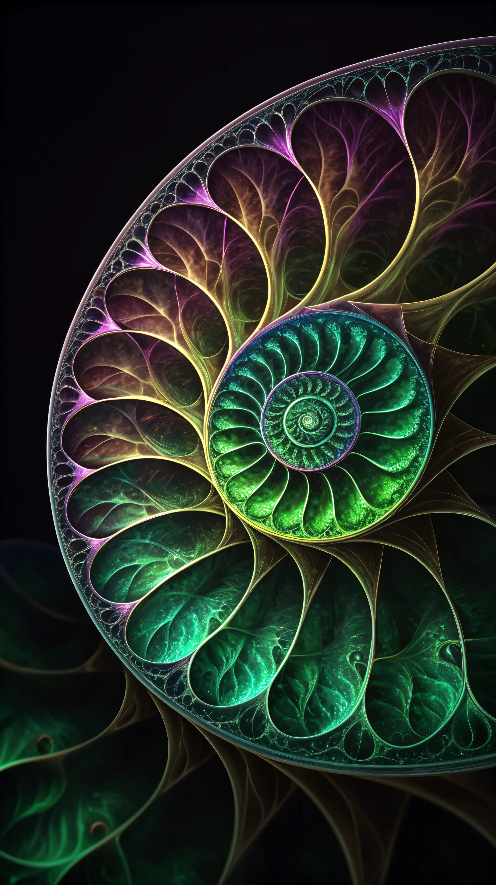 Abstract digital art phone wallpaper featuring a vibrant green spiral fractal with intricate, leaf-like patterns on a dark background for iPhone and Android devices.