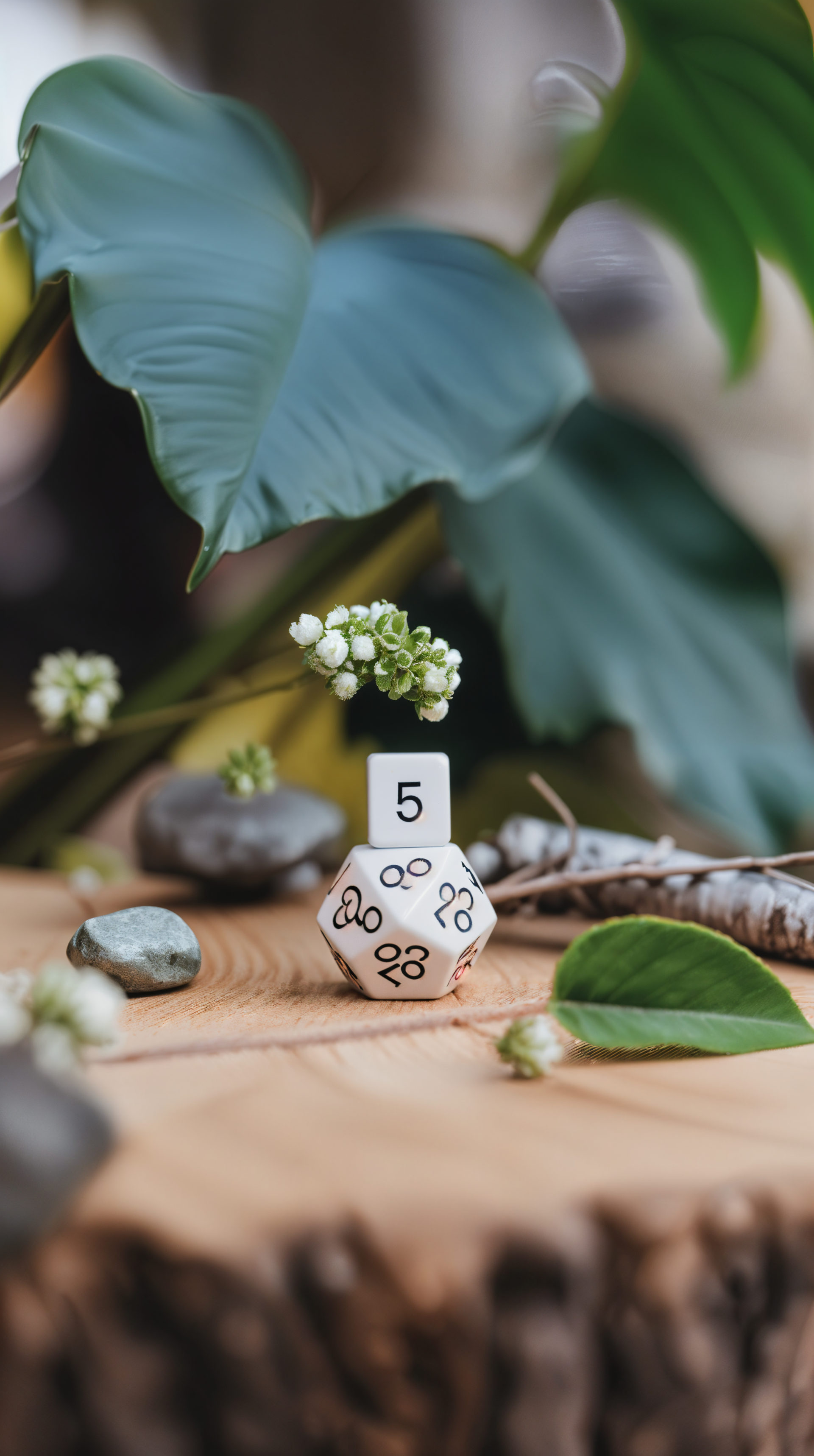A close-up of a numbered die resting on a wooden surface, surrounded by greenery and smooth stones, creating a tranquil phone wallpaper design.
