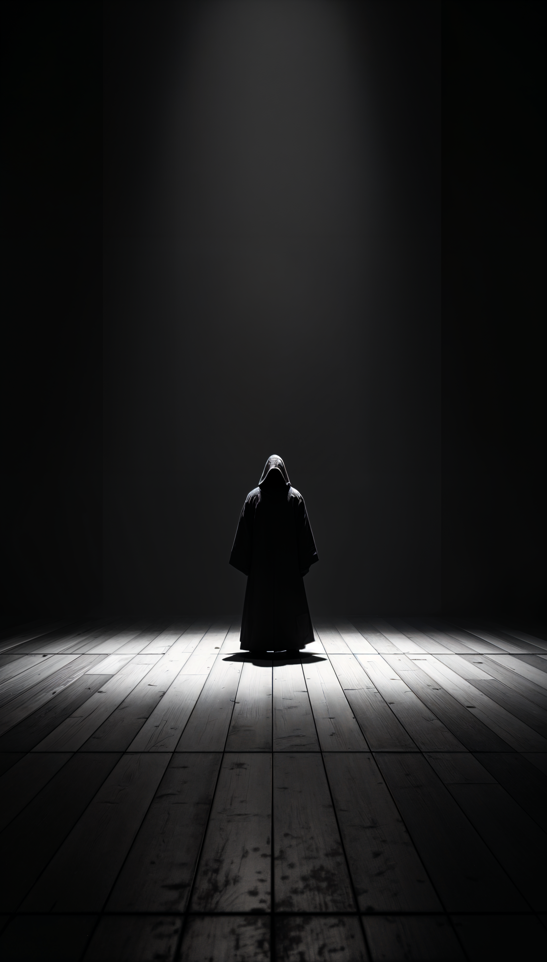 Dark phone wallpaper featuring a monk's silhouette standing in a spotlight on a wooden dojo floor, designed for both iPhone and Android displays.