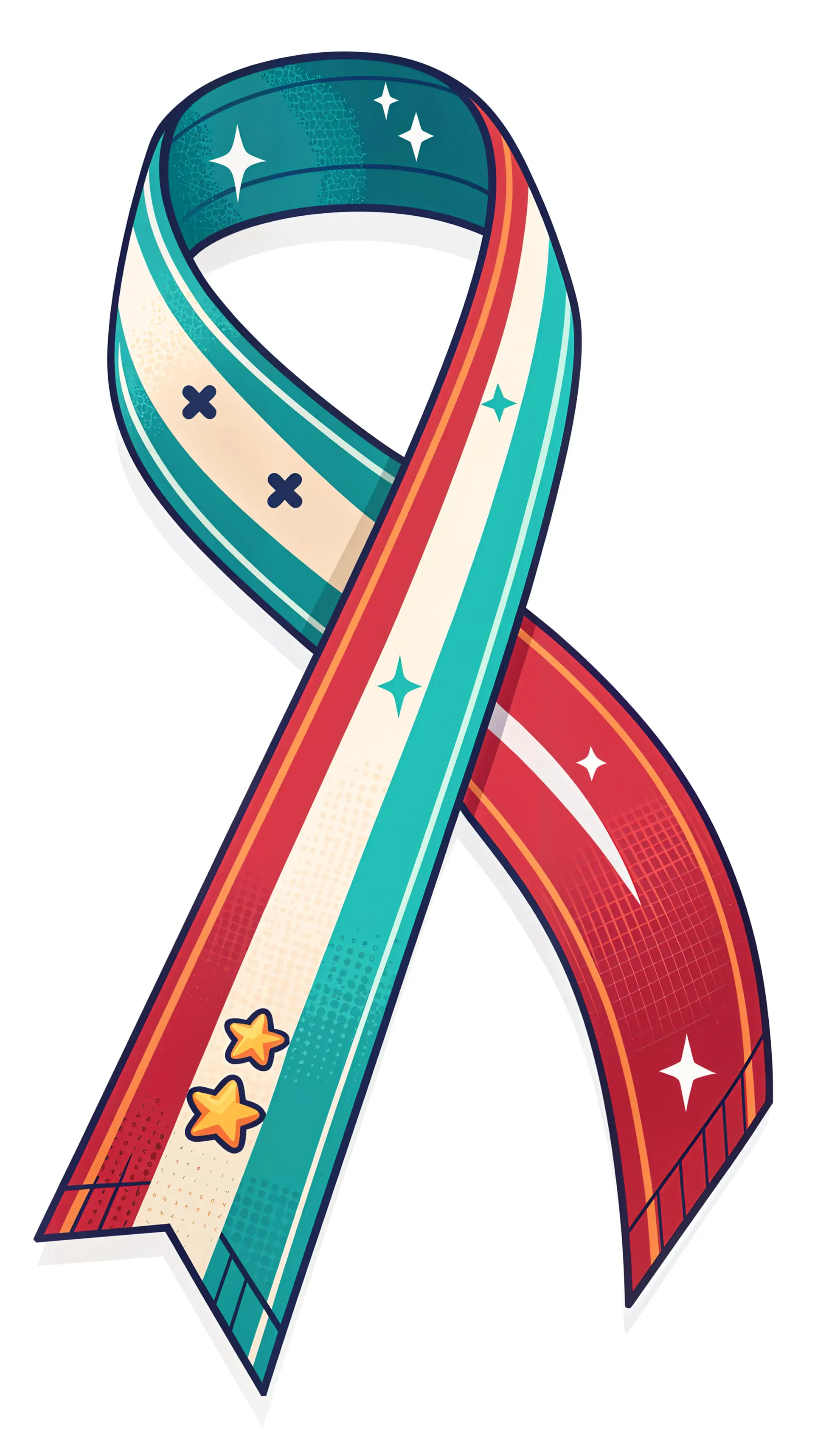 A vibrant, stylized ribbon featuring teal, red, and white colors, adorned with stars and crosses, designed as a phone wallpaper.