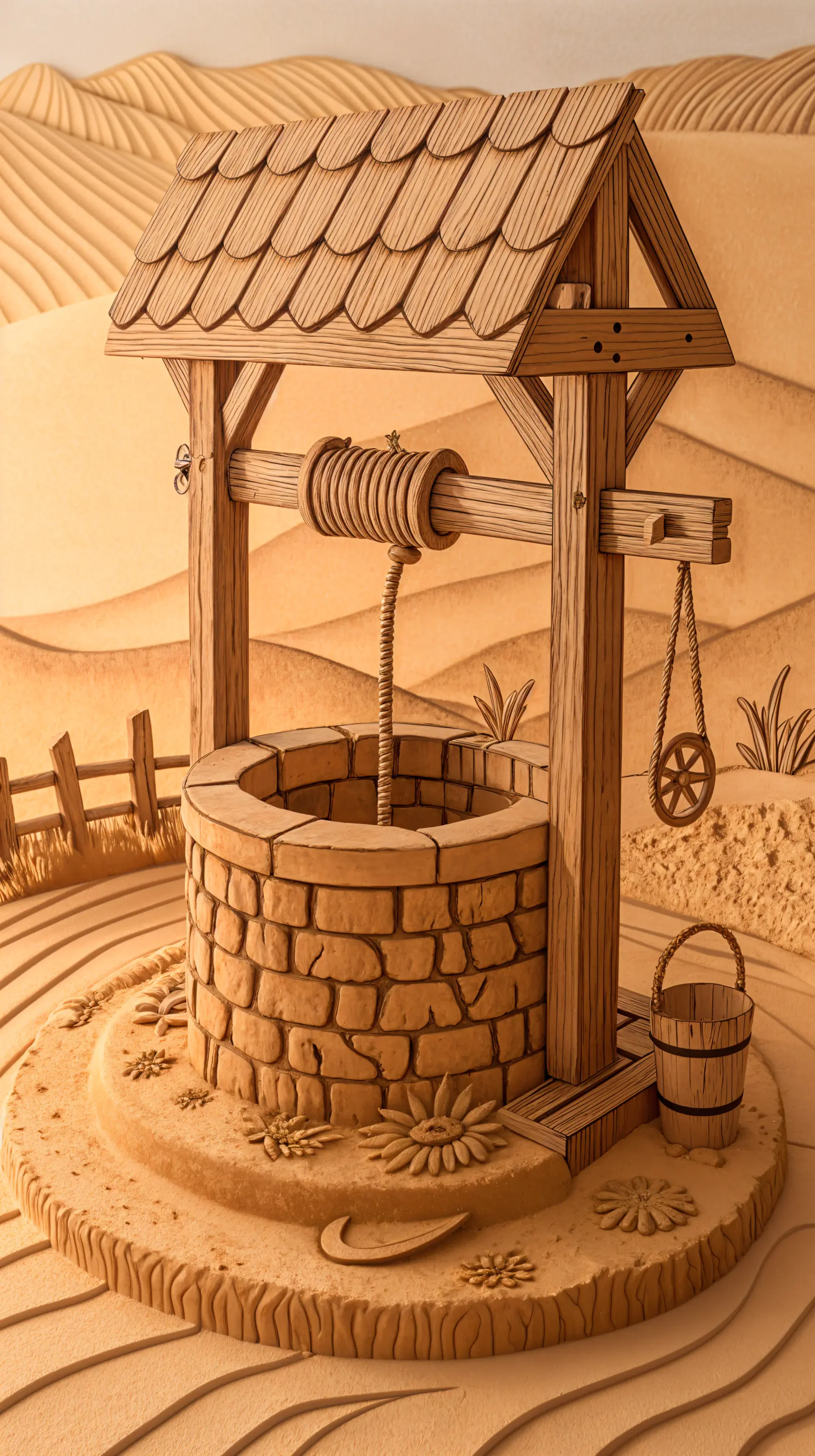 Wooden sculpture of a traditional well with detailed woodwork, set against a textured landscape background, designed as a phone wallpaper for iPhones and Android devices.