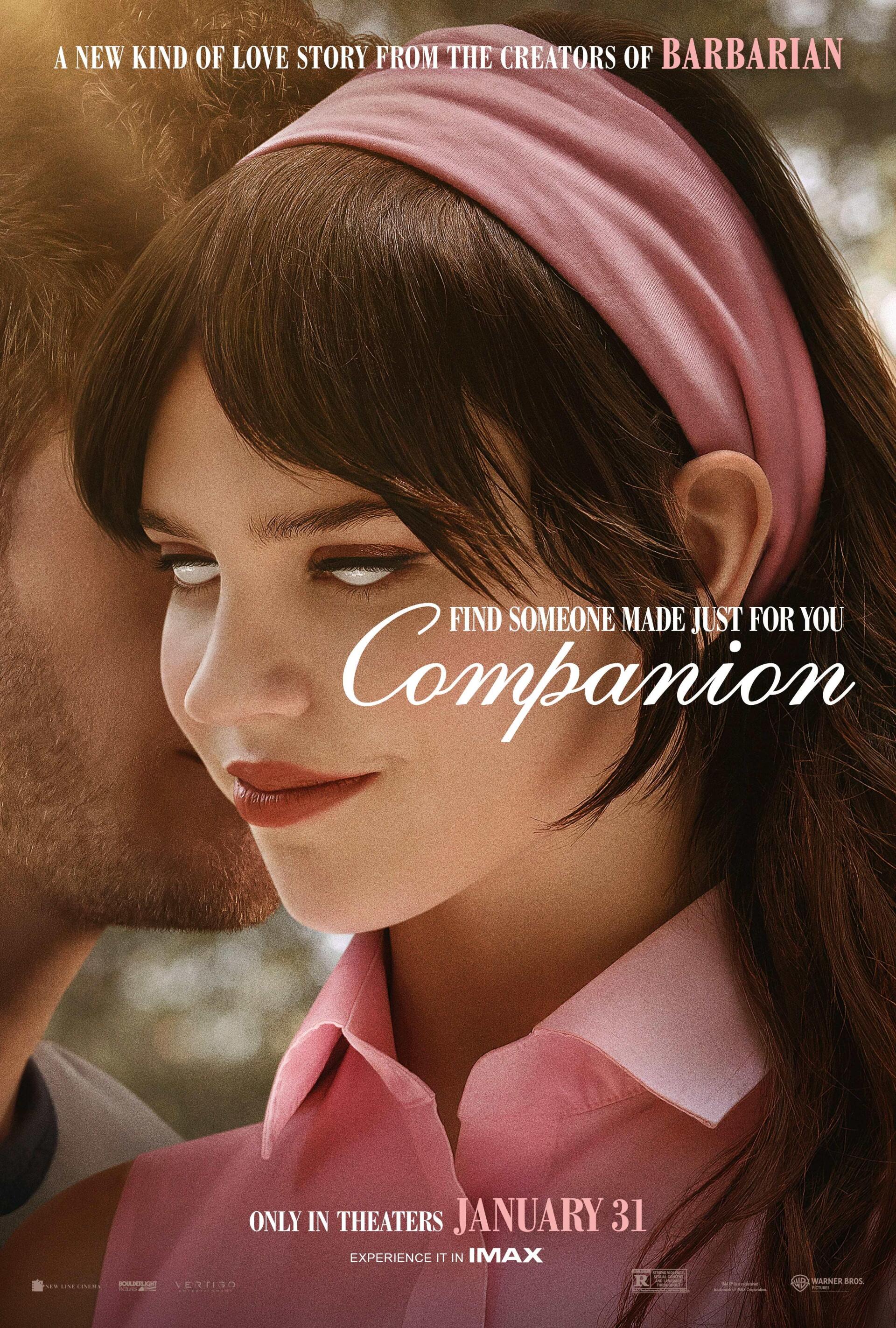 A captivating phone wallpaper for the movie Companion (2025), featuring Sophie Thatcher. A romantic scene highlights the tagline, Find someone made just for you.