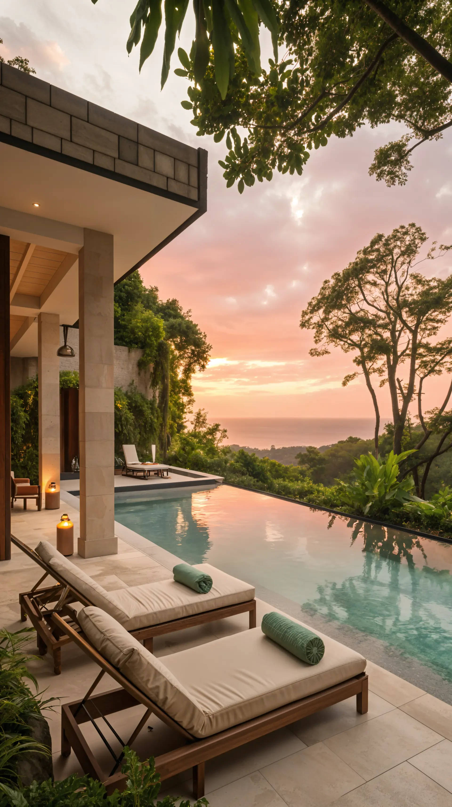 Serene spa-inspired phone wallpaper featuring luxurious lounge chairs by an infinity pool, surrounded by lush greenery and a stunning sunset view over the ocean.