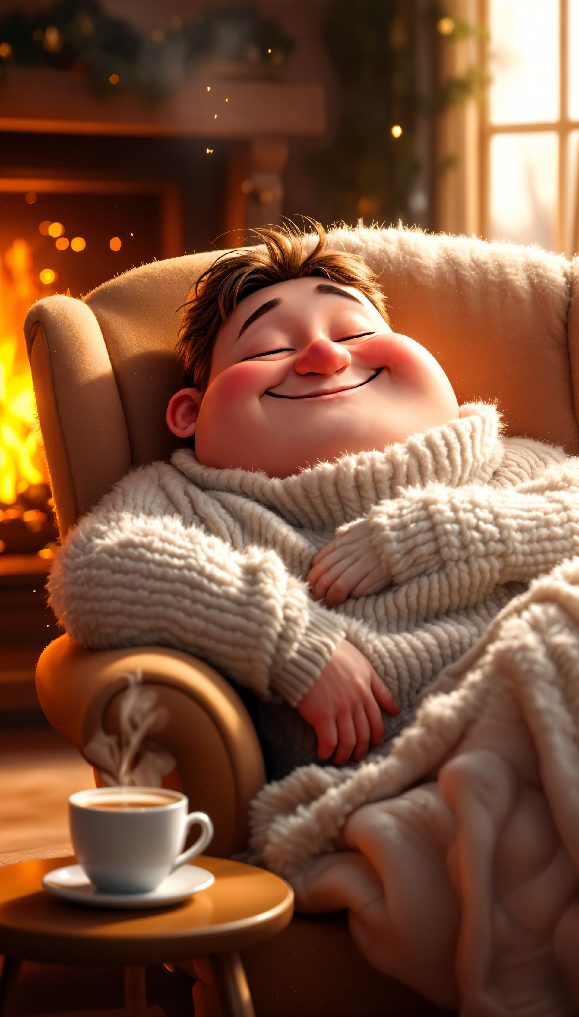 A cheerful character relaxes in a cozy chair, wrapped in a thick sweater, with a steaming cup of coffee beside him, embodying a warm and cozy atmosphere.