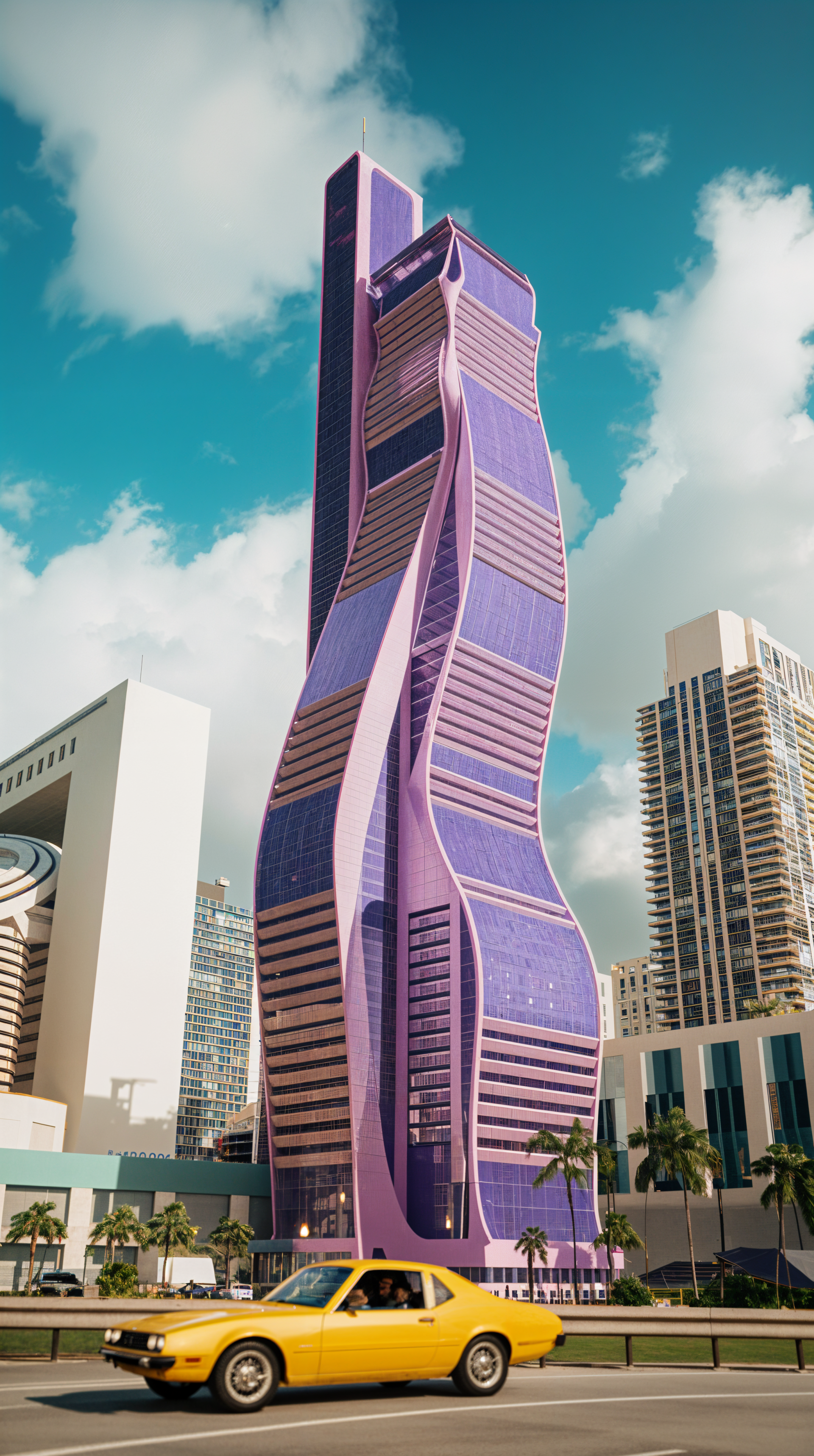 A striking purple skyscraper twists upward against a bright sky, with a yellow car passing by. This vibrant image serves as an engaging phone wallpaper.