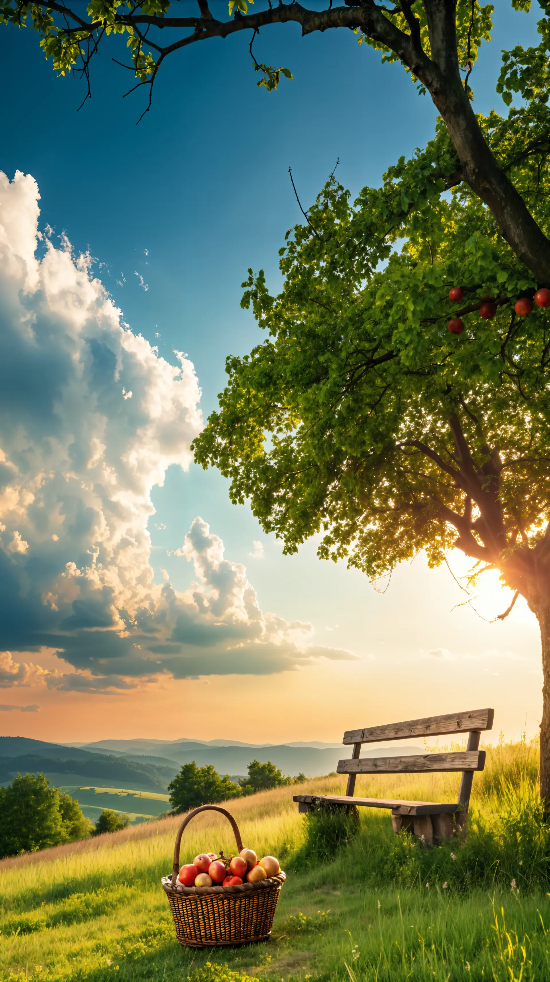 Phone wallpaper featuring a summer nature scene with a wooden bench under a leafy tree, a basket of apples on the grass, and a bright blue sky with fluffy clouds.