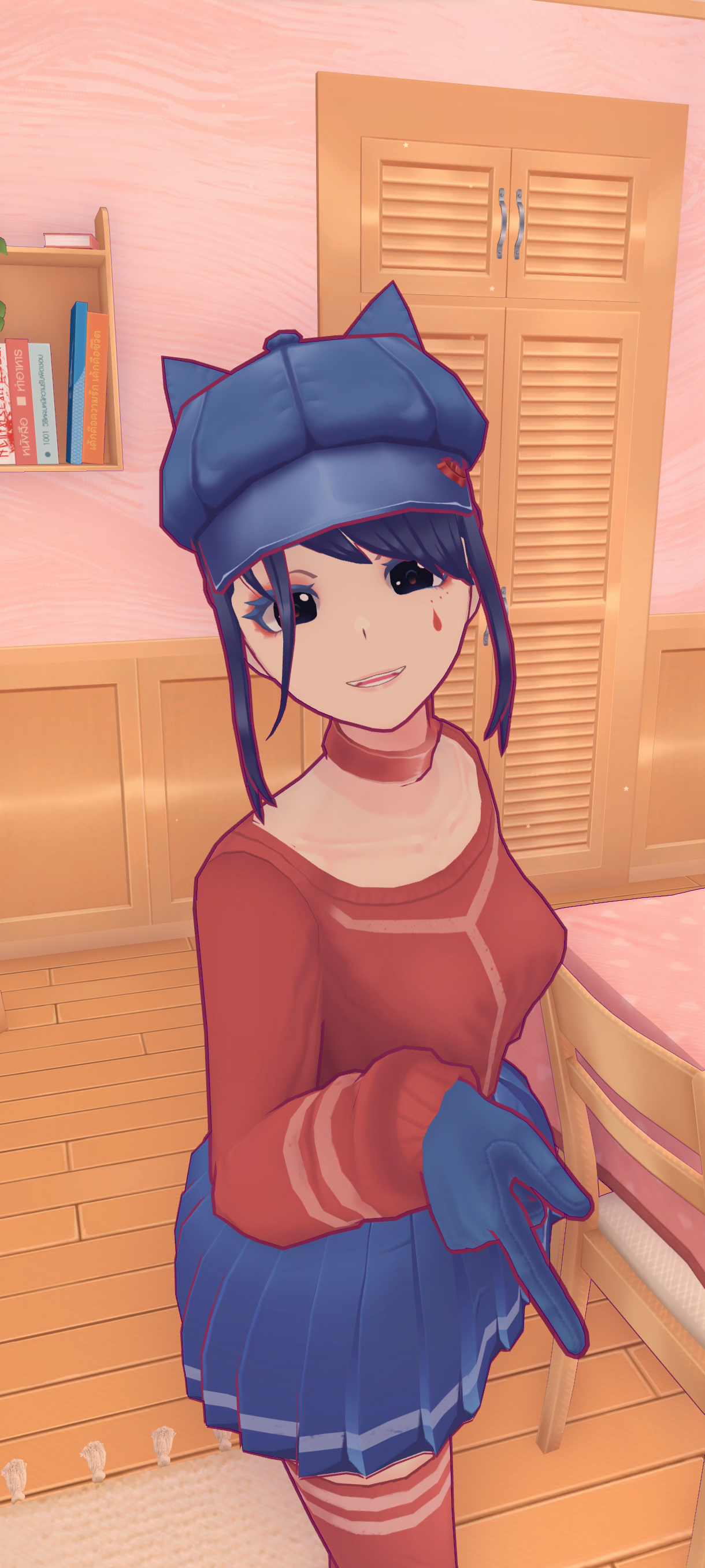 Phone wallpaper by MiSide featuring a stylized anime girl with purple hair, a blue cat-ear hat, and a matching blue skirt in a cozy, pastel-toned room. Designs work on iPhone and Android.