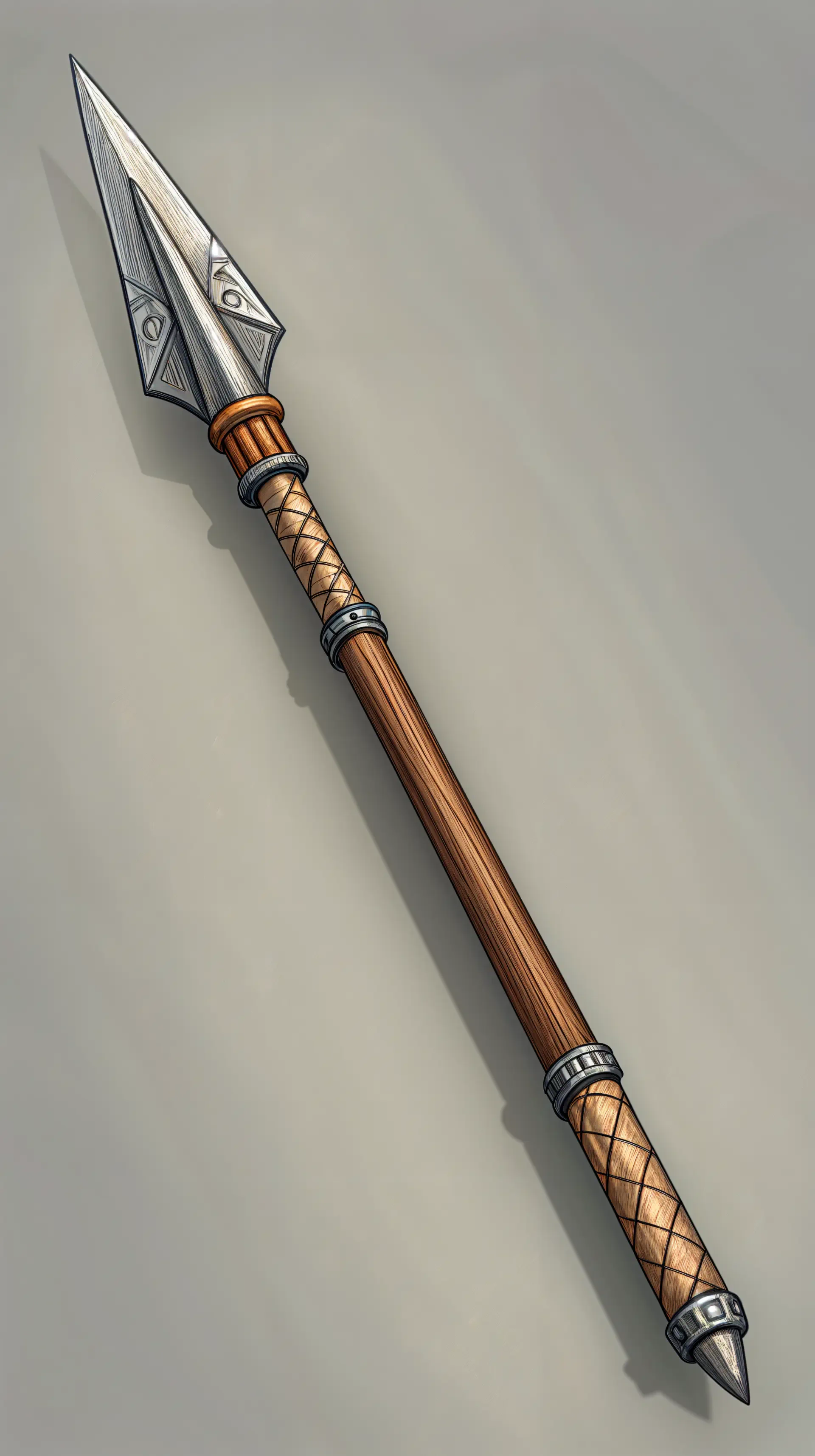 Stylized lance featuring a metallic head and a wooden shaft, designed for a phone wallpaper background. The artwork showcases intricate detailing and a polished finish.