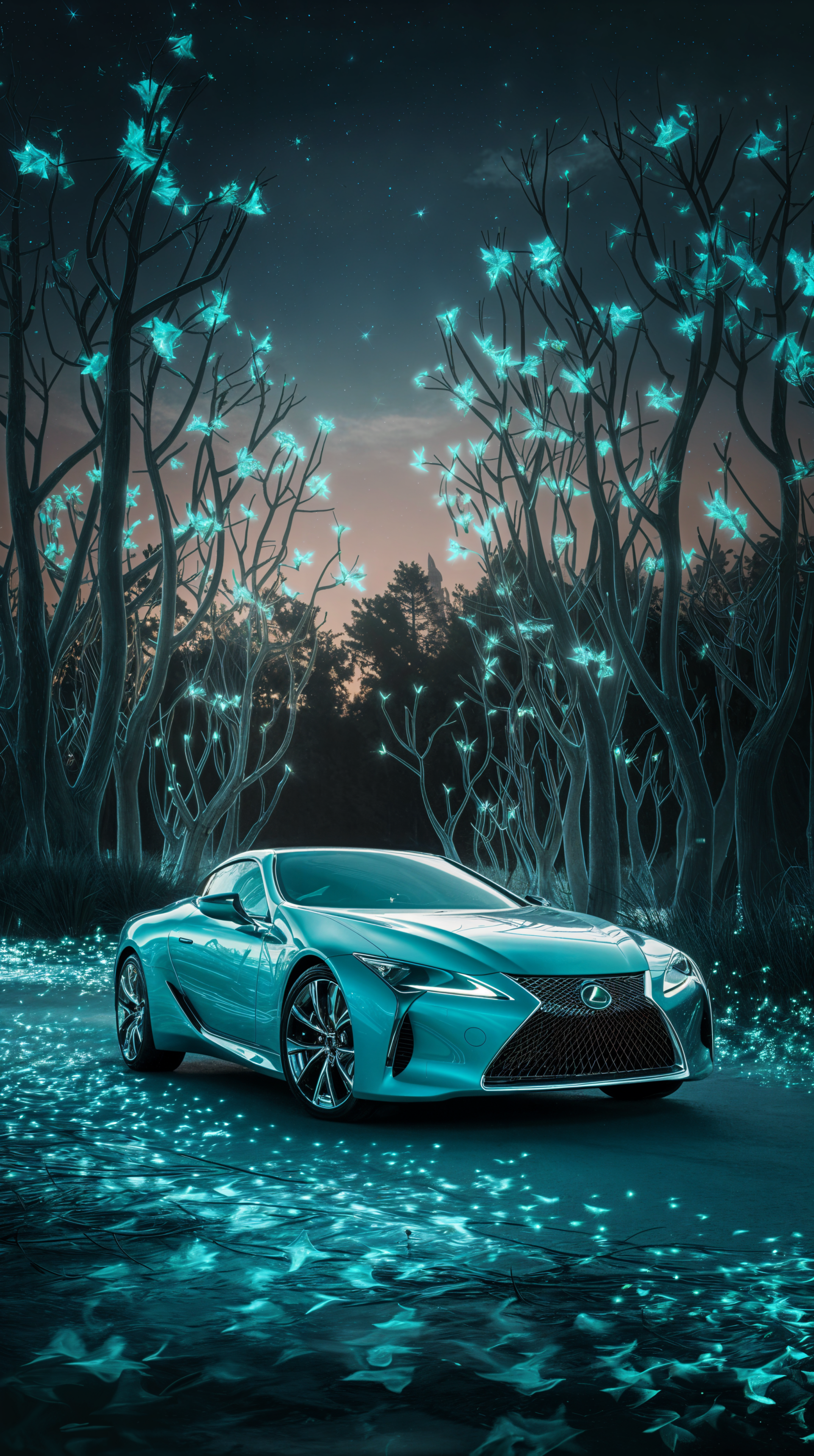 A sleek Lexus car shines amidst an enchanting, illuminated forest, with vibrant blue and green foliage highlighting the serene atmosphere, creating a captivating phone wallpaper.