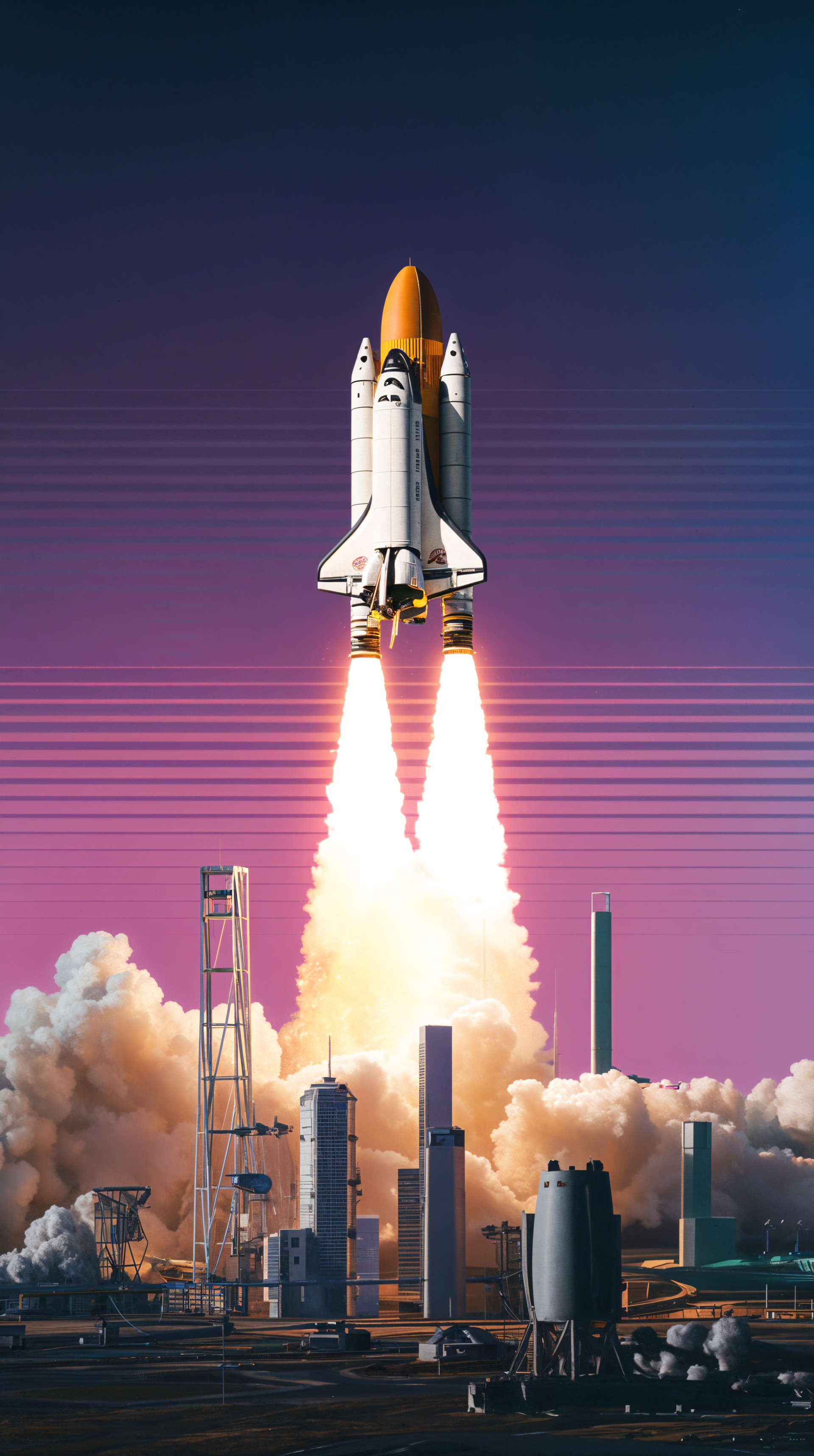 A vibrant phone wallpaper featuring a space shuttle launching into a colorful sky, with jets of flames and clouds billowing from the powerful ascent.