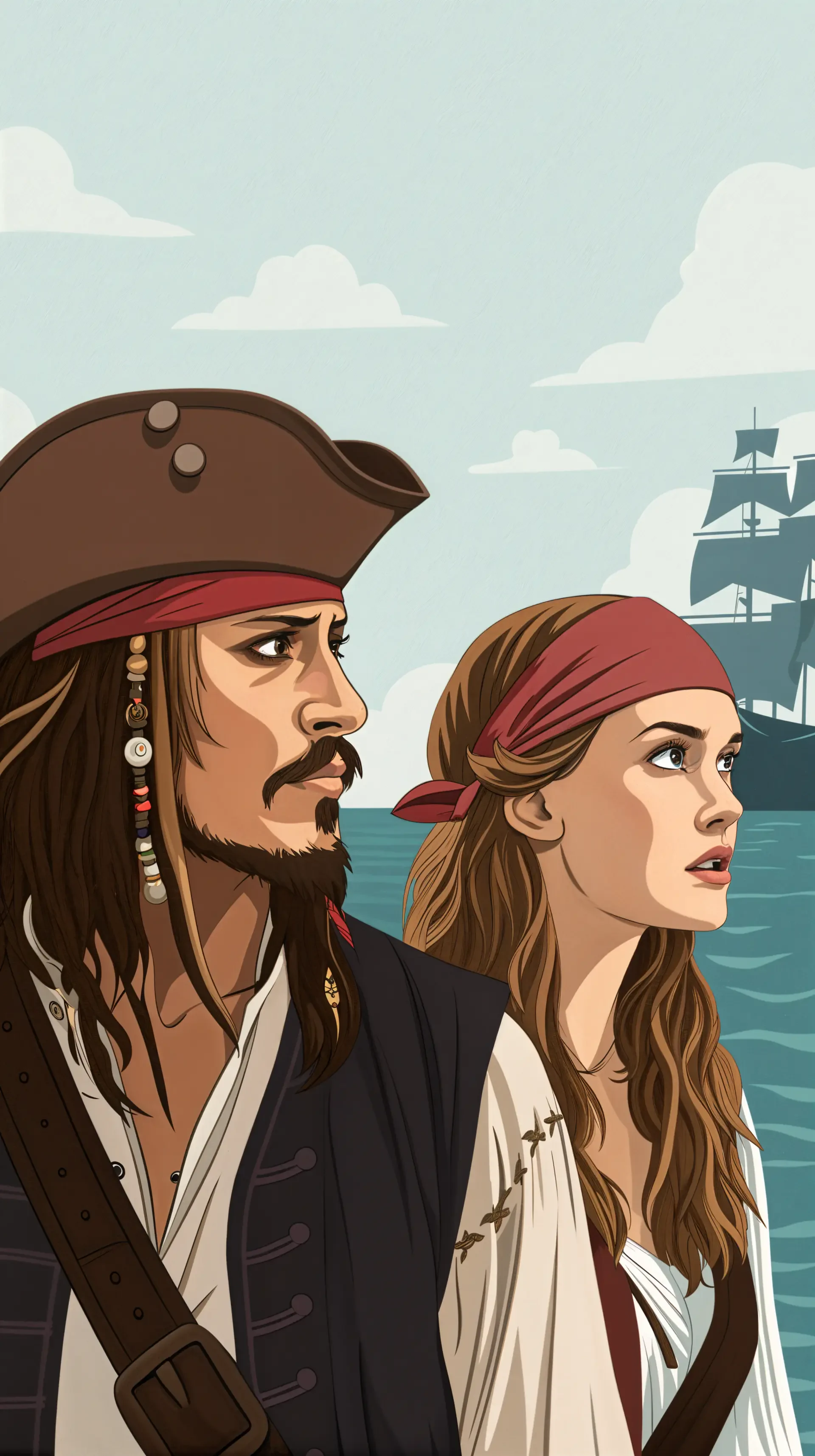 An illustrated phone wallpaper featuring iconic characters from Pirates of the Caribbean, with a ship in the background and the characters gazing into the distance.