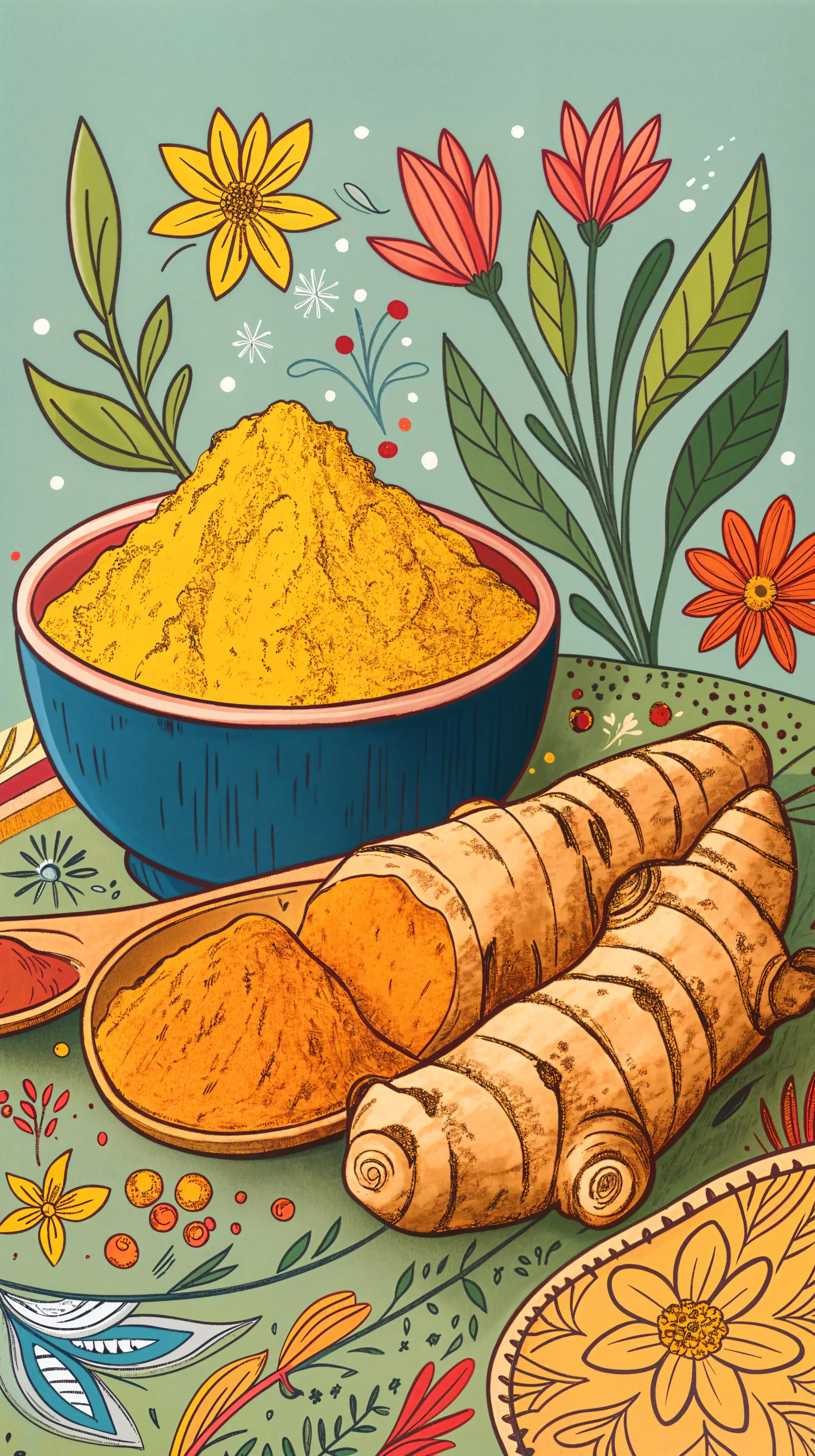 A vibrant phone wallpaper featuring a blue bowl of bright yellow turmeric powder surrounded by fresh turmeric roots and decorative flowers and leaves.