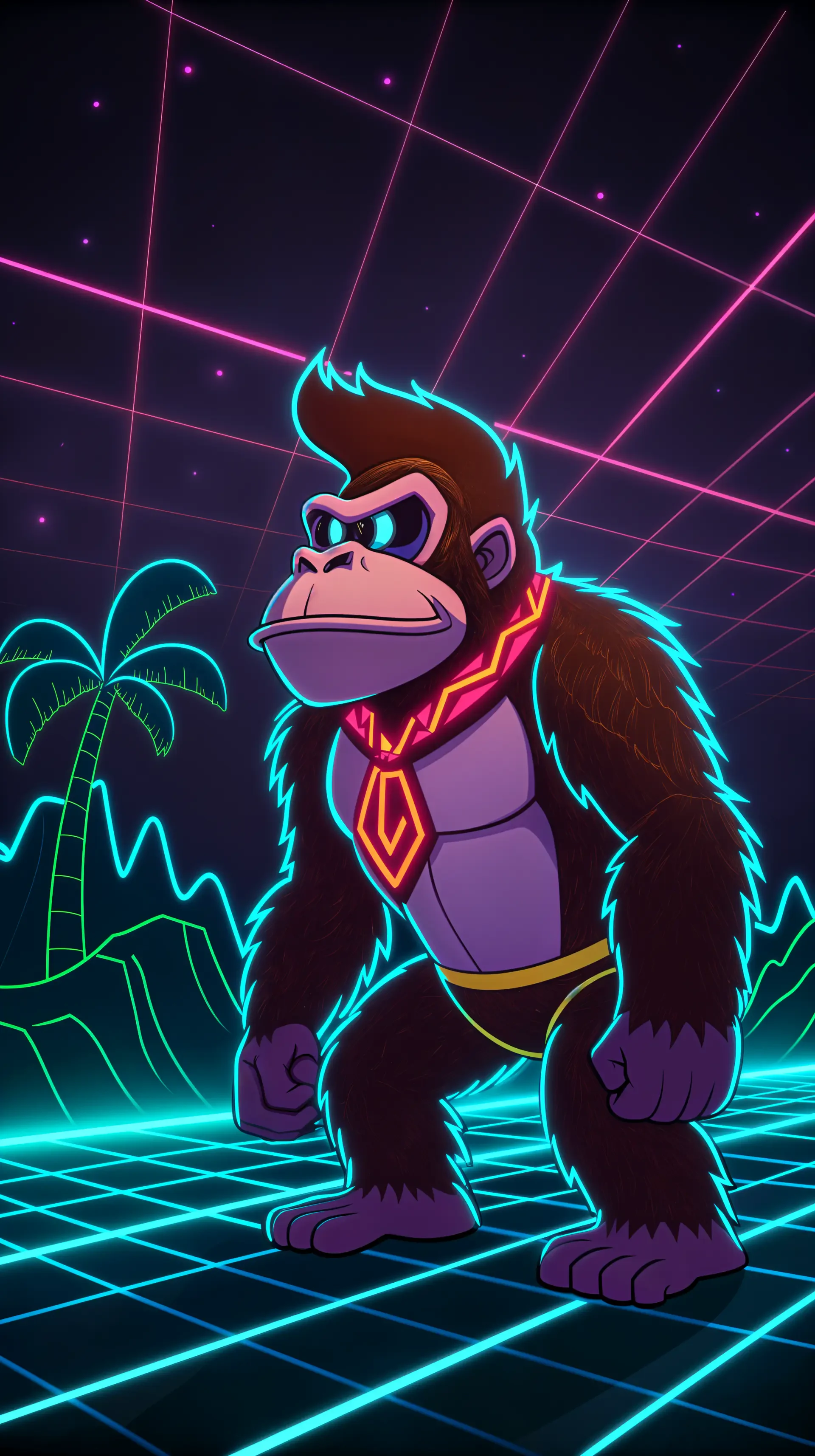 A vibrant phone wallpaper featuring Donkey Kong, illustrated with neon accents against a retro grid background and palm trees, capturing a dynamic, 80s-inspired aesthetic.
