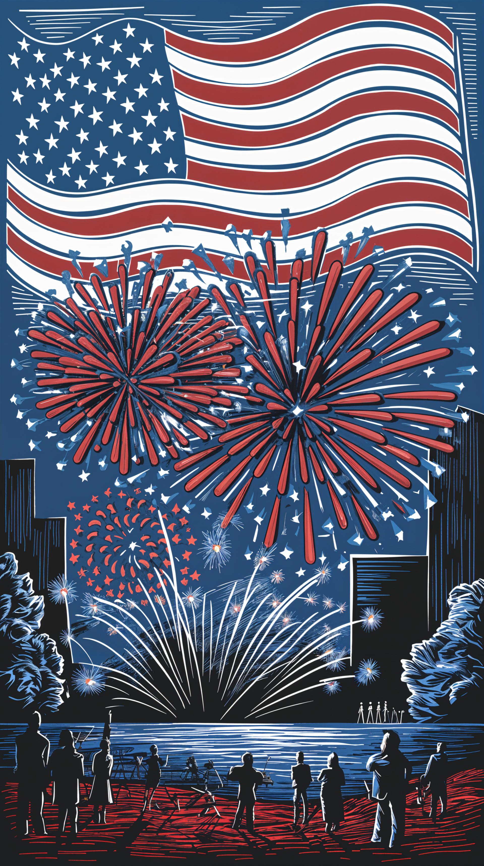 A vibrant 4th of July phone wallpaper featuring a waving American flag, colorful fireworks, and silhouetted figures watching the celebration by a lake.