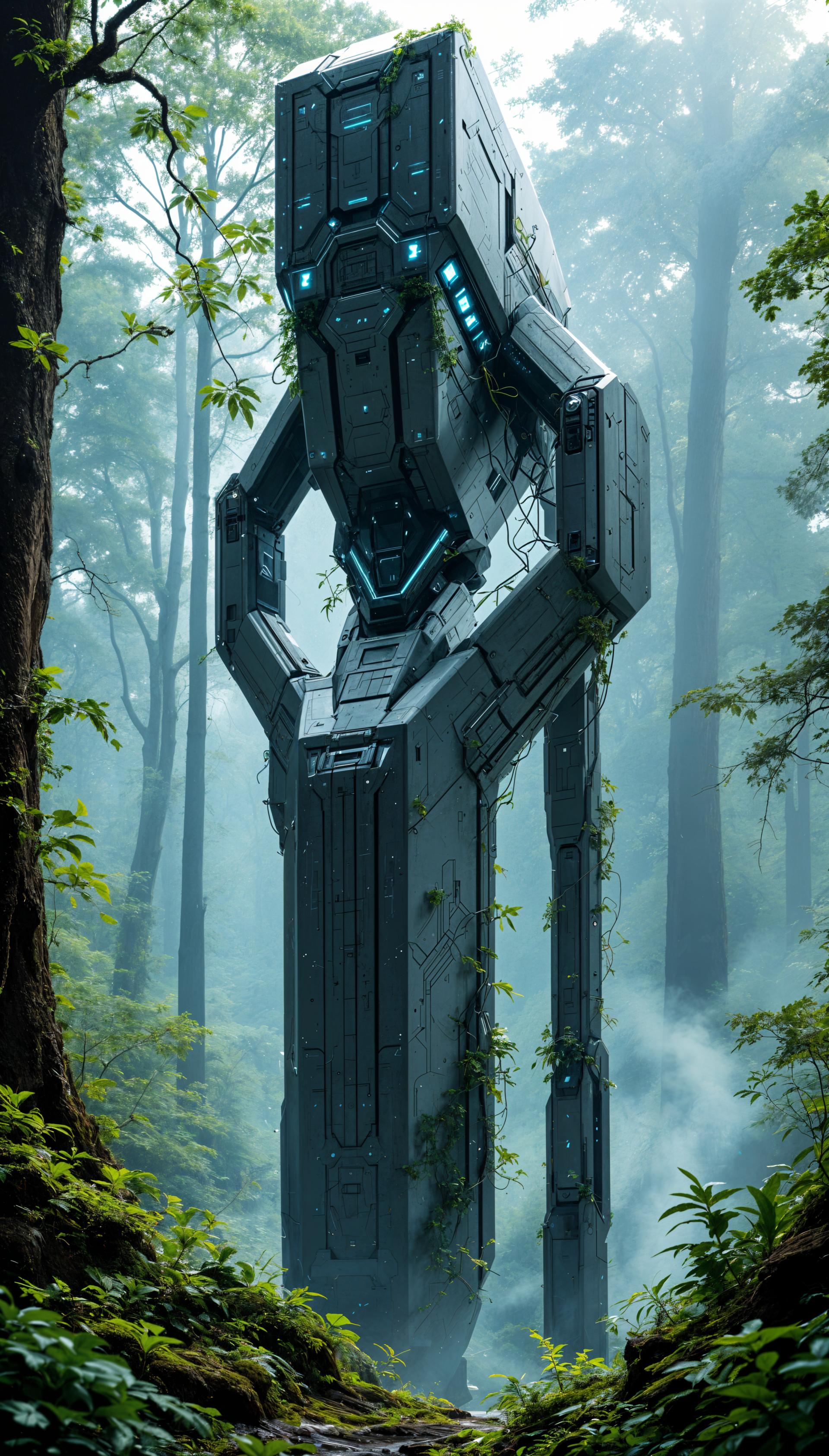 A towering, futuristic structure stands amidst lush greenery in a misty forest, illuminated by glowing blue accents, creating a striking blend of nature and technology.