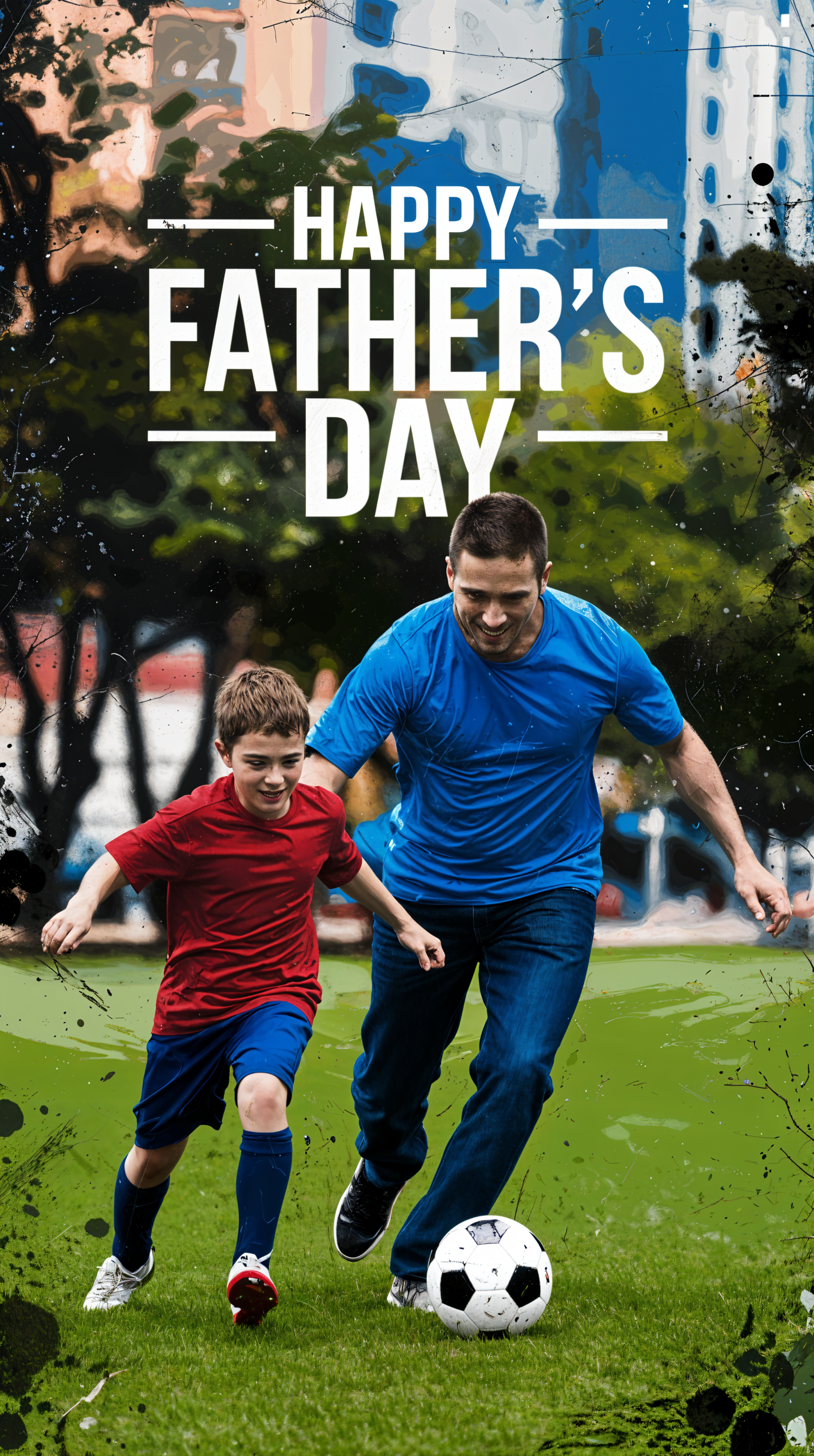 A joyful scene of a father and son playing soccer in a park, with bold text reading Happy Father's Day, making this phone wallpaper a vibrant celebration of family and fun.