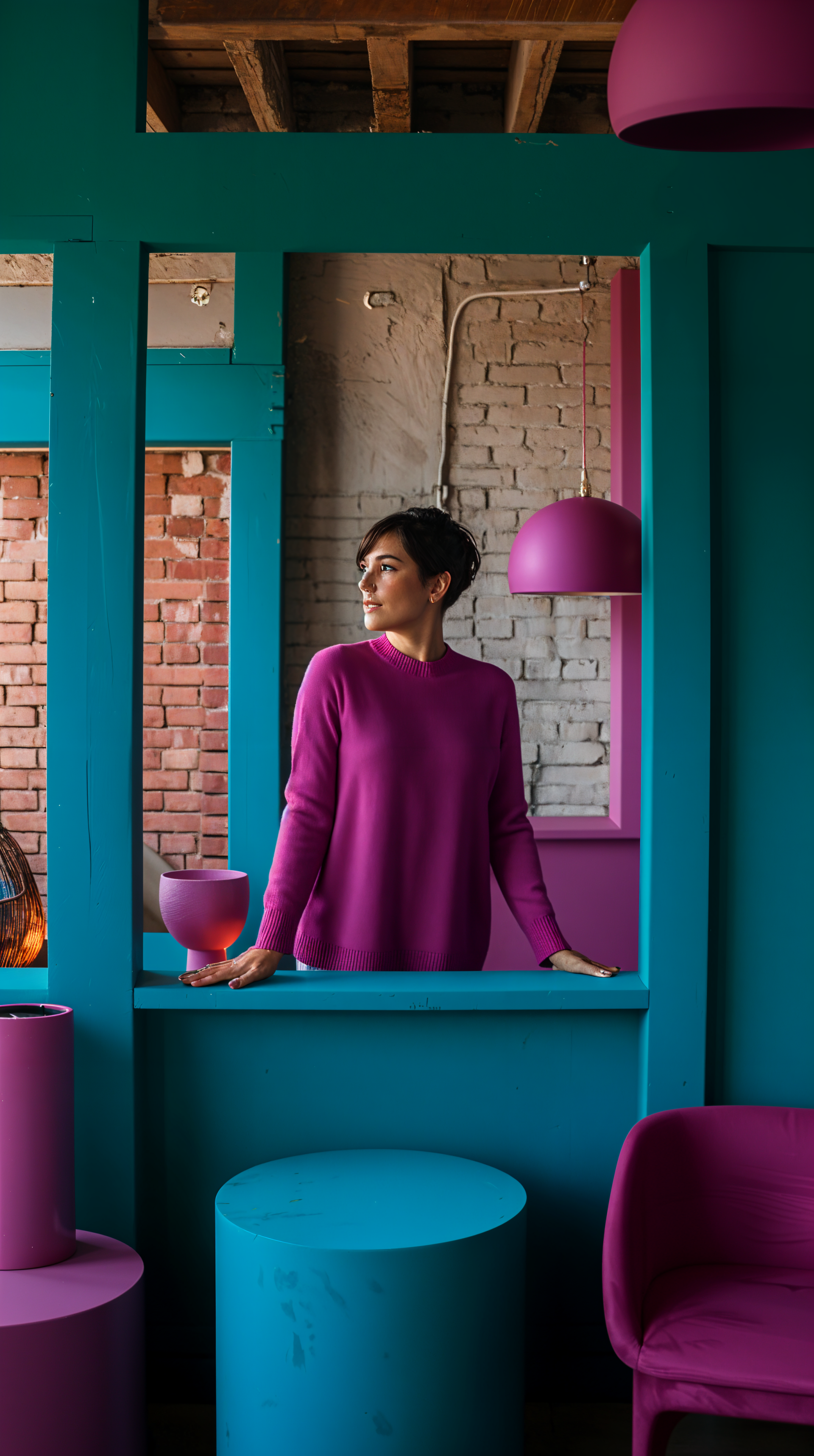 A woman in a vibrant purple sweater stands by a teal window frame, surrounded by colorful decor, creating a lively and inviting phone wallpaper.