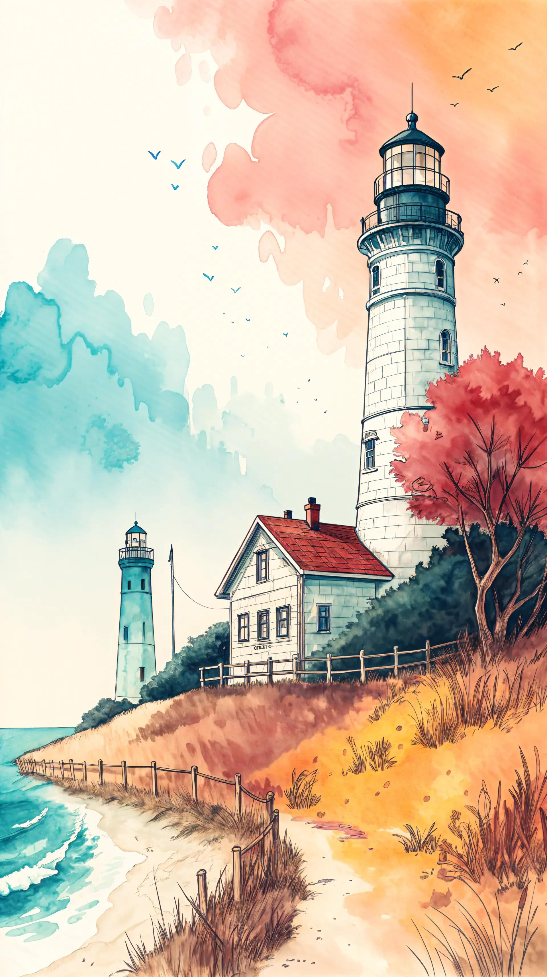 A serene duotone illustration of two lighthouses by the shore, surrounded by trees and gentle waves, featuring a vibrant sky gradient, designed as a phone wallpaper.