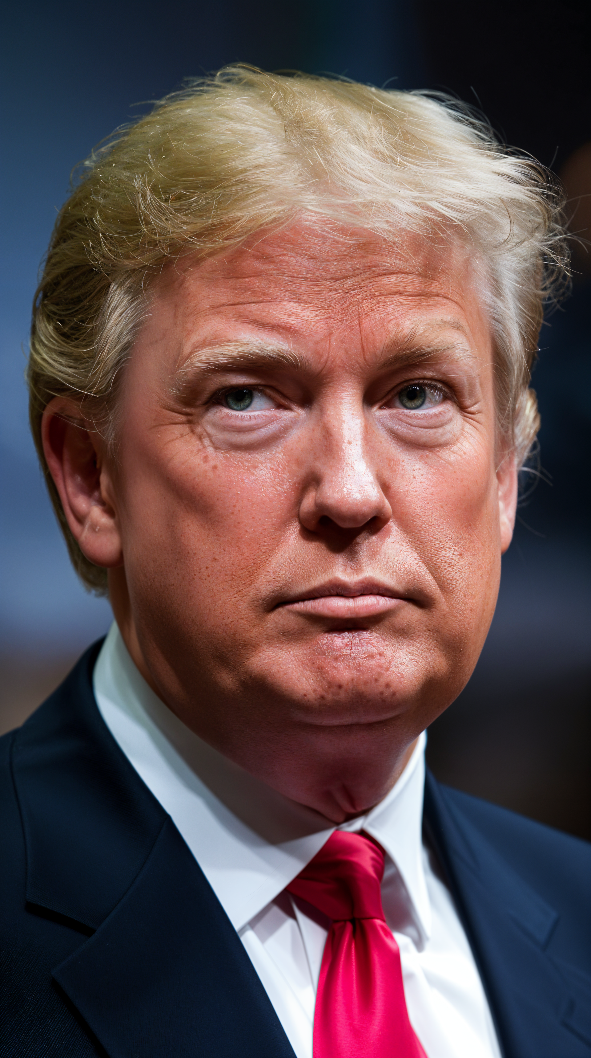 Close-up of Donald Trump in a suit with a red tie, displaying a serious expression. This image is designed for use as a phone wallpaper.