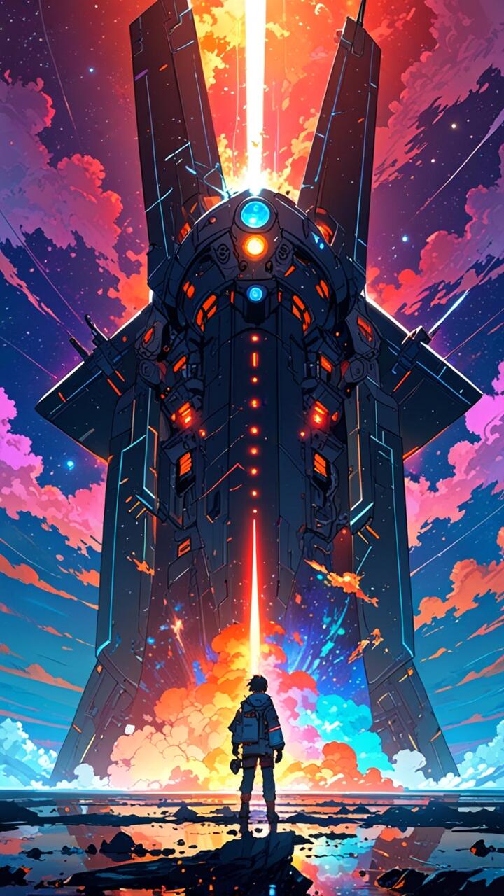 Anime-style vertical phone wallpaper (iPhone & Android): a lone man silhouetted before a towering starship as a radiant starbeam erupts into neon clouds.