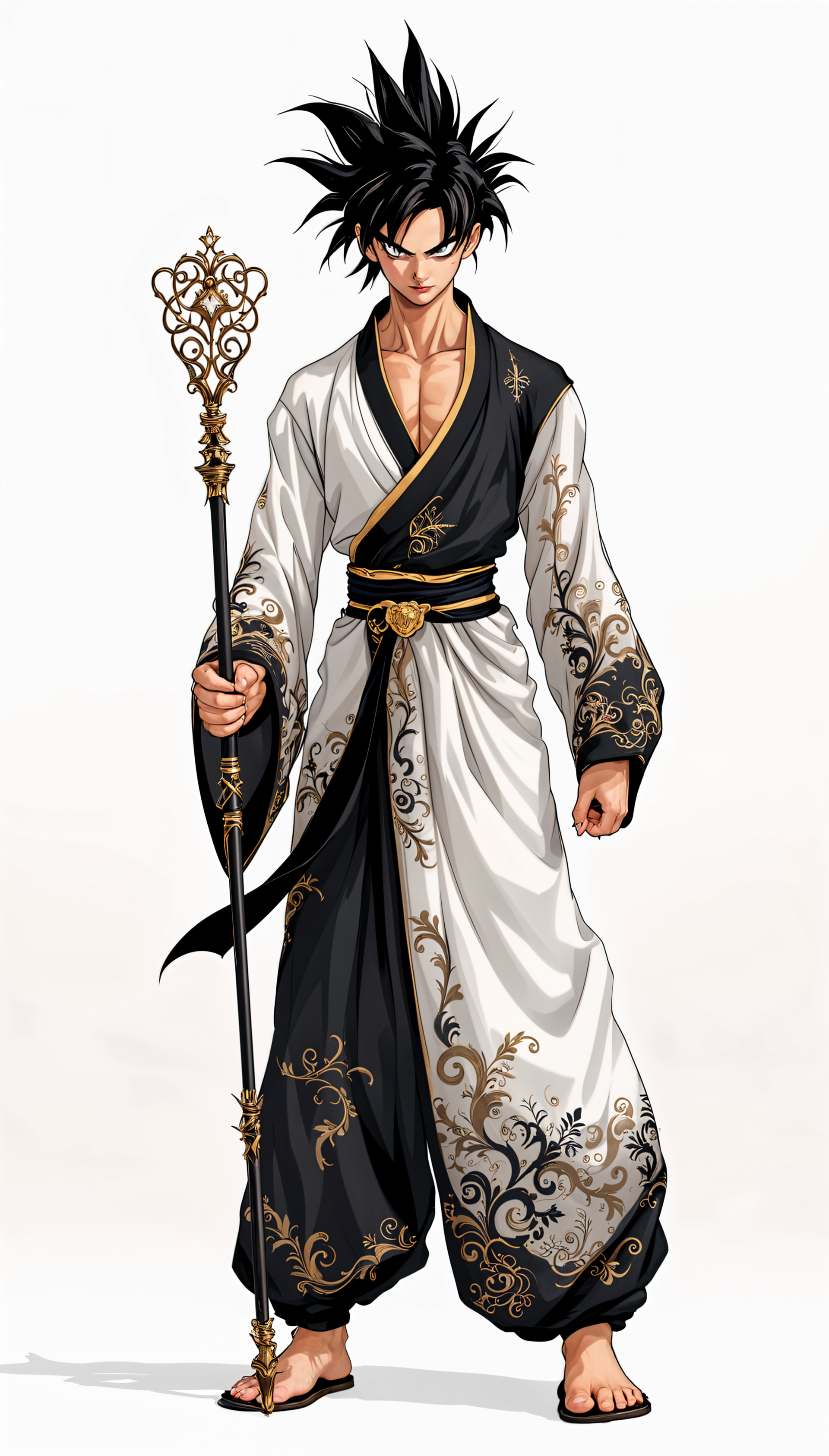 A stylish anime character in a black and white robe adorned with gold accents, holding a decorative staff, stands confidently against a plain background, making an eye-catching phone wallpaper.