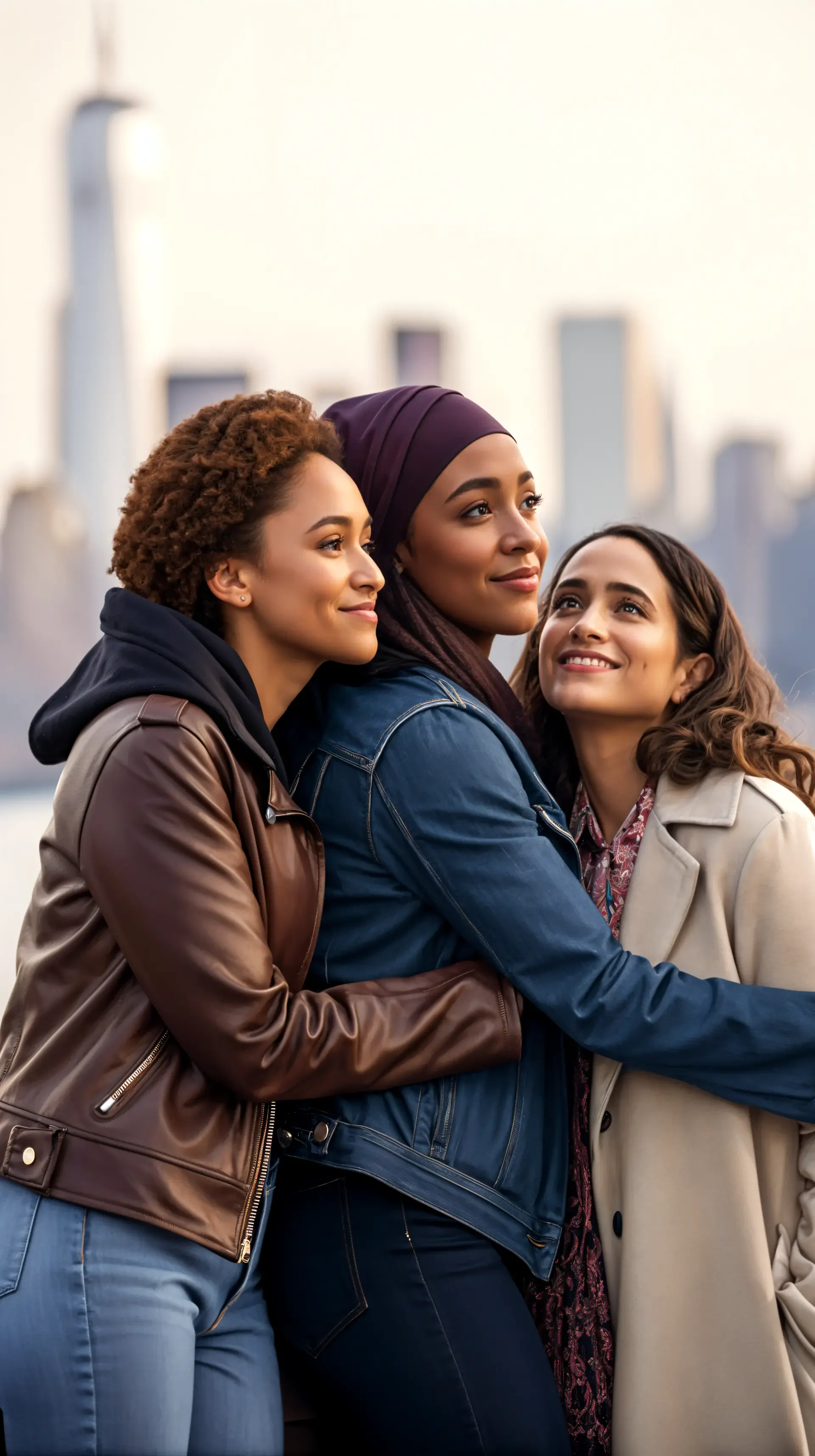 Three friends embrace in a warm moment of sisterhood against a city skyline, embodying connection and support, making it a vibrant phone wallpaper choice.