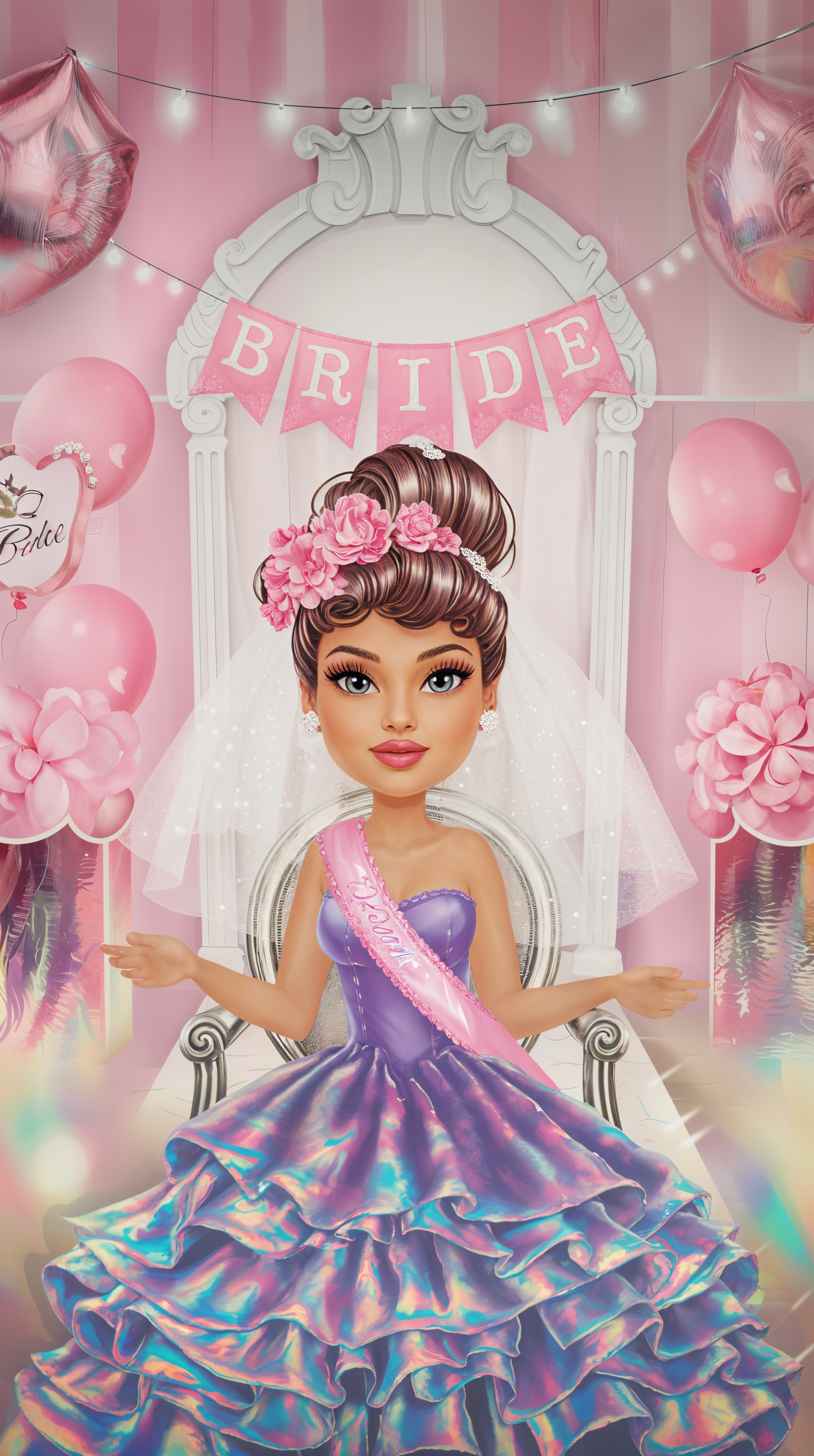 A colorful bridal shower-themed phone wallpaper featuring a cartoon bride in a vibrant dress, surrounded by pink balloons and a BRIDE banner, exuding festive elegance.